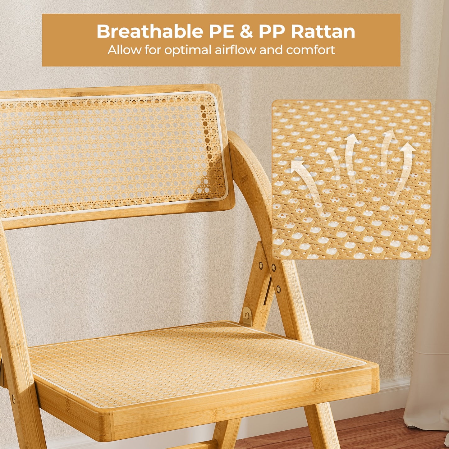 Foldable Rattan Dining Chairs with Rotating Backrest and Bamboo Frame Set of 2