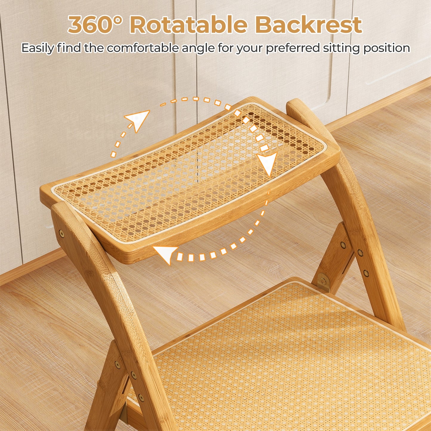 Foldable Rattan Dining Chairs with Rotating Backrest and Bamboo Frame Set of 2