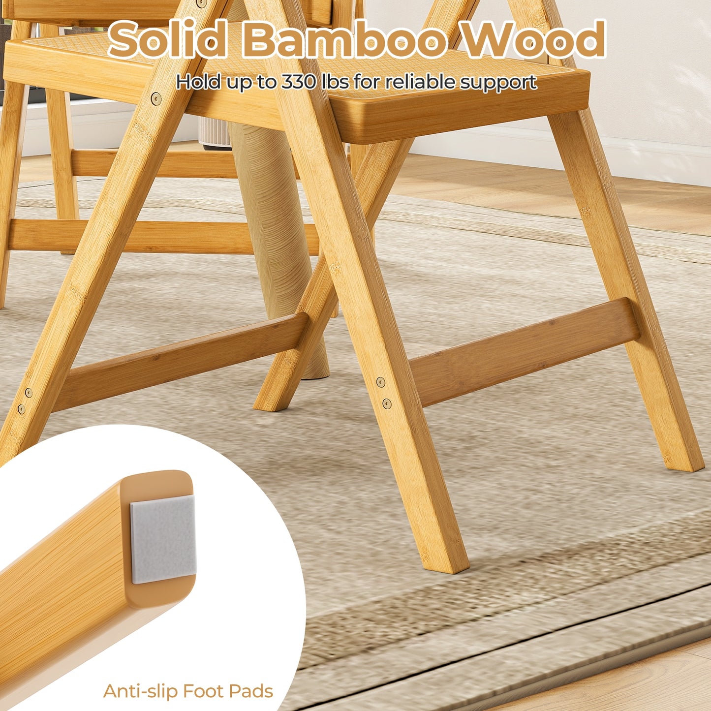 Foldable Rattan Dining Chairs with Rotating Backrest and Bamboo Frame Set of 2
