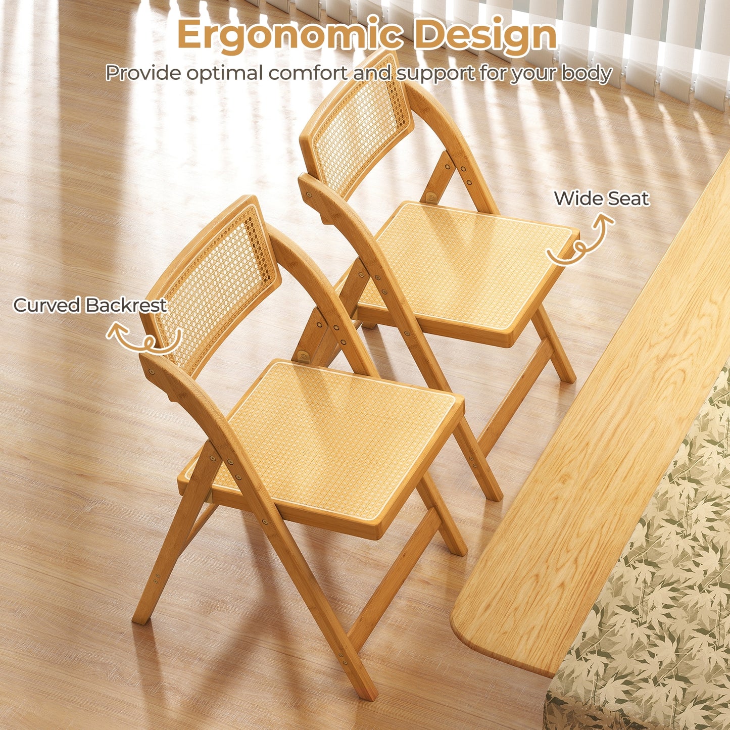 Foldable Rattan Dining Chairs with Rotating Backrest and Bamboo Frame Set of 2