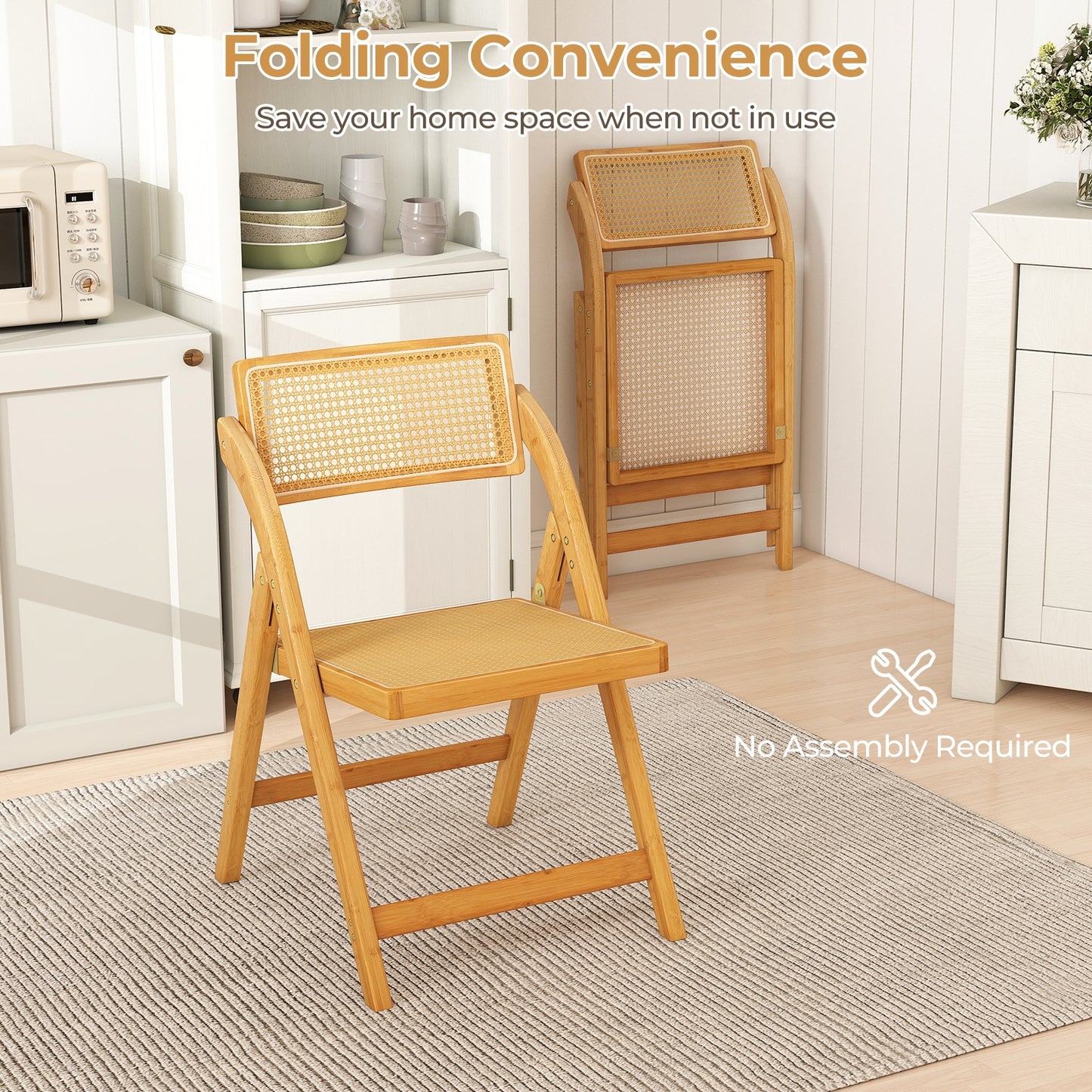 Foldable Rattan Dining Chairs with Rotating Backrest and Bamboo Frame Set of 2
