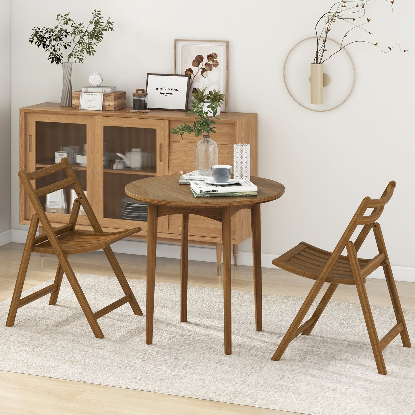 Folding Dining Chairs with Rubber Wood Frame and Slatted Seat for Compact Storage - Set of 2