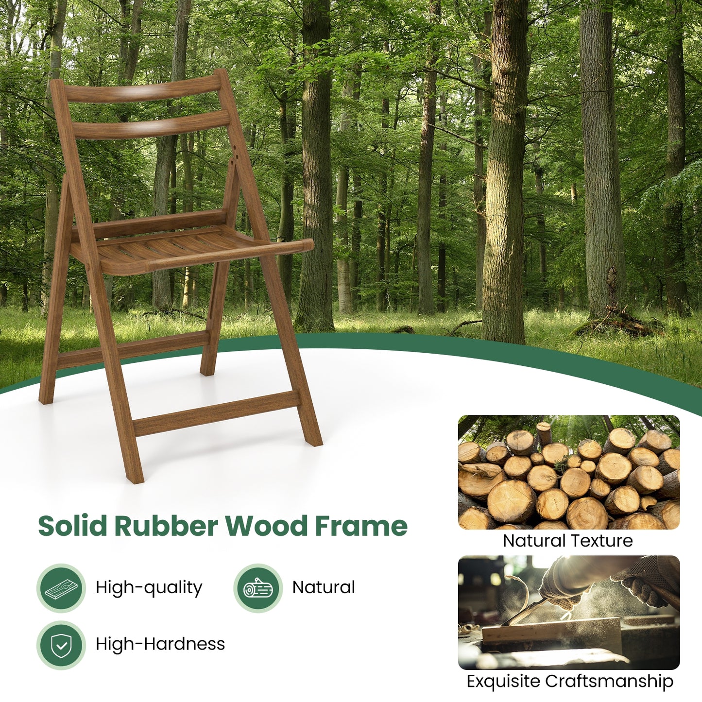 Folding Dining Chairs with Rubber Wood Frame and Slatted Seat for Compact Storage - Set of 2