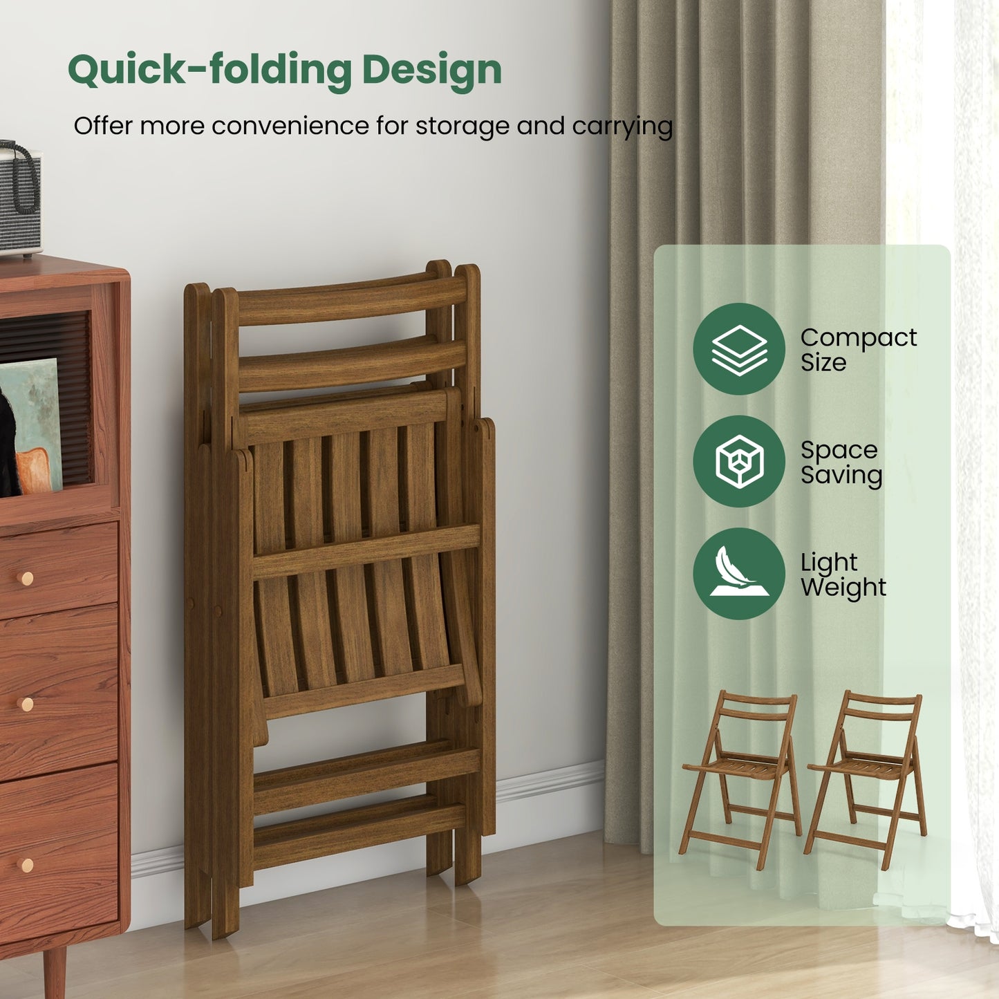 Folding Dining Chairs with Rubber Wood Frame and Slatted Seat for Compact Storage - Set of 2