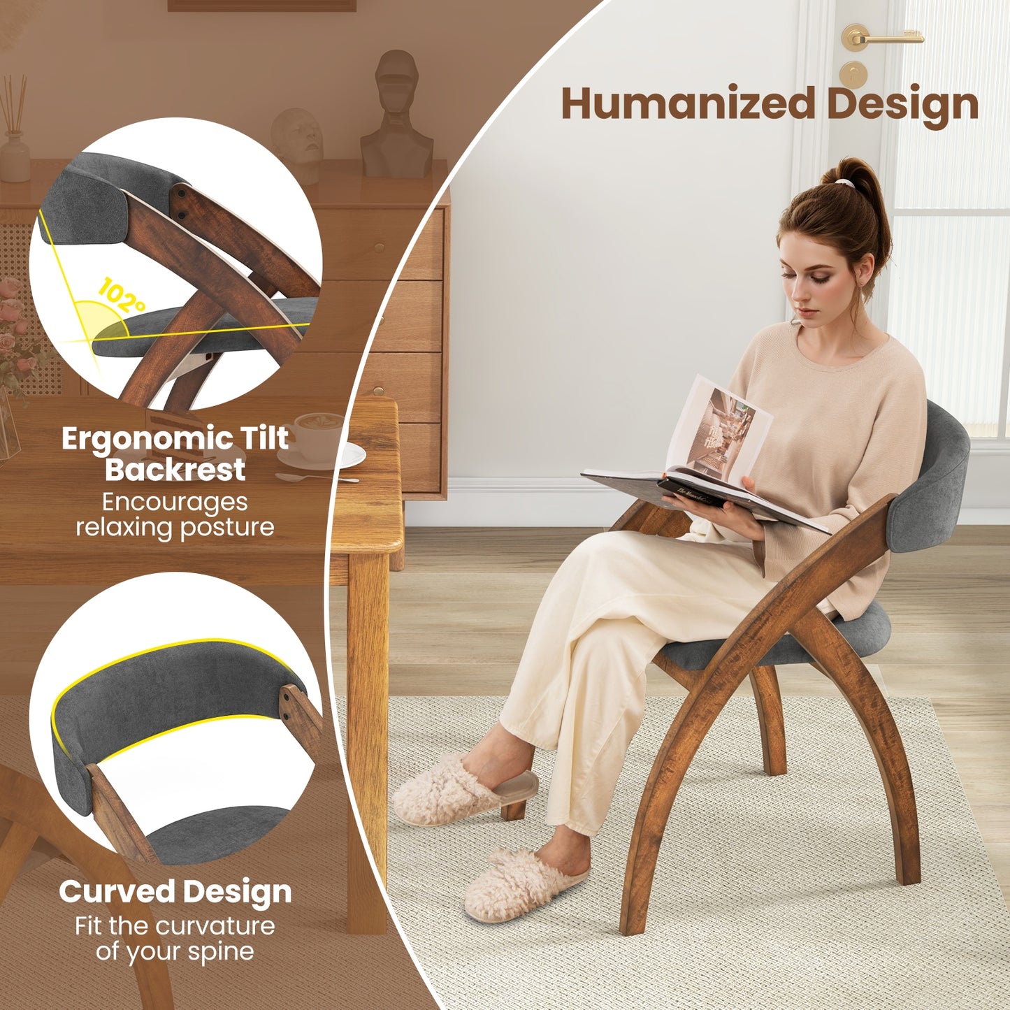 Modern Upholstered Dining Chairs with Curved Backrest and Comfortable Seat Cushion, Set of 2