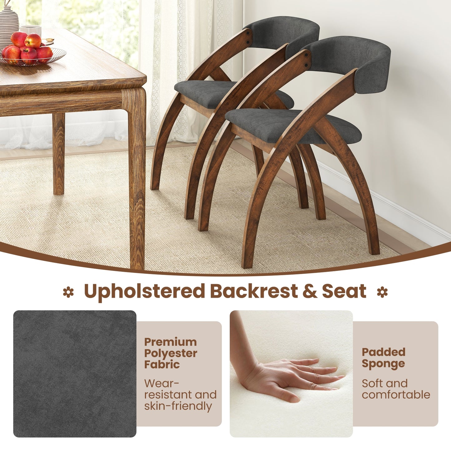 Modern Upholstered Dining Chairs with Curved Backrest and Comfortable Seat Cushion, Set of 2