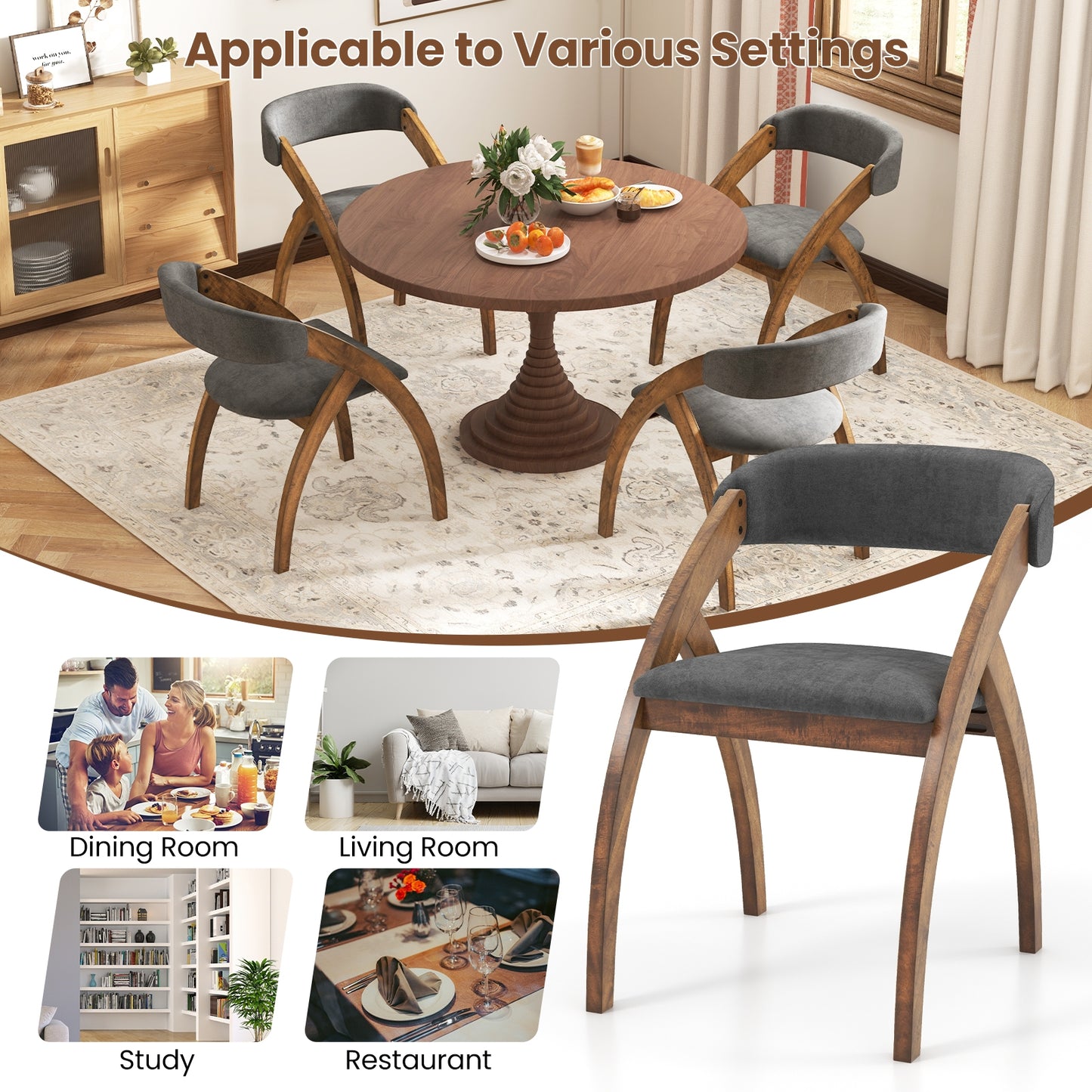 Modern Upholstered Dining Chairs with Curved Backrest and Comfortable Seat Cushion, Set of 2