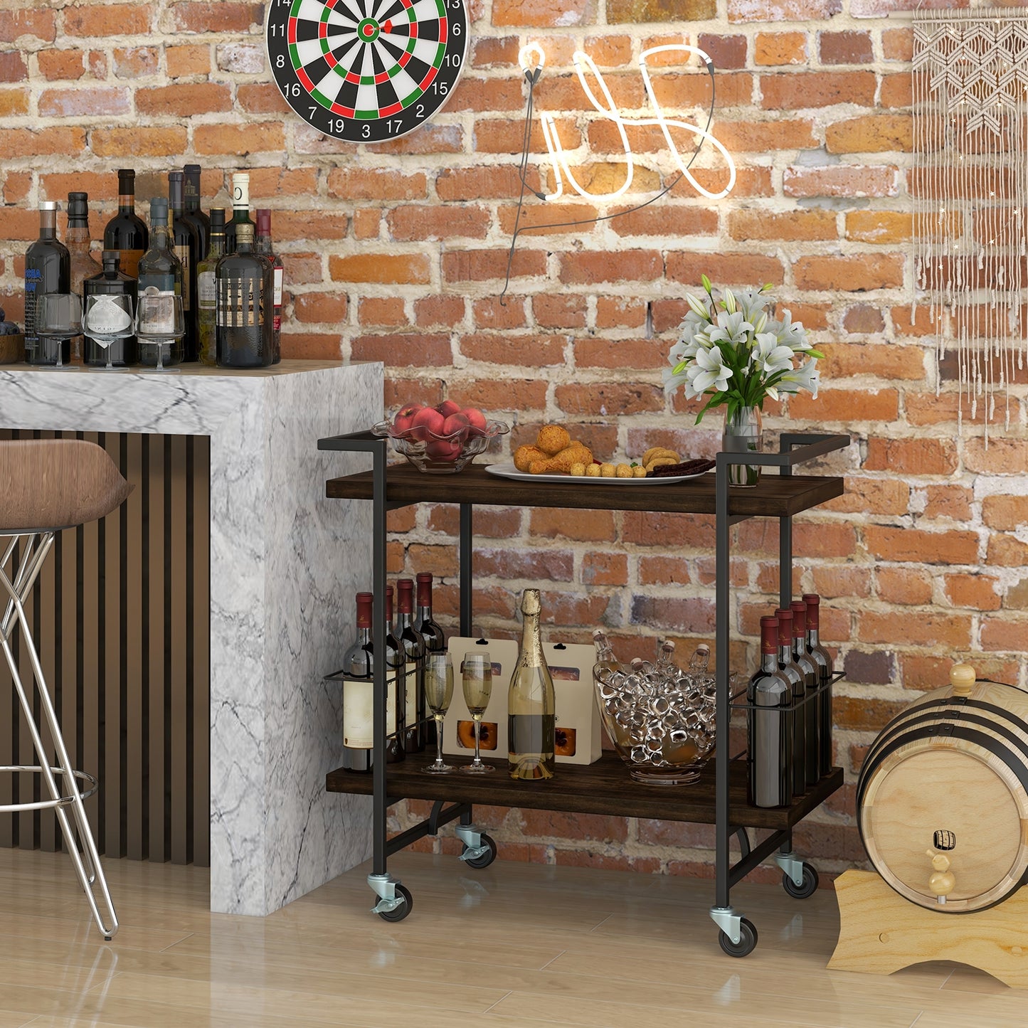 Modern Rustic Rolling Bar Cart with Storage Shelves and Locking Wheels