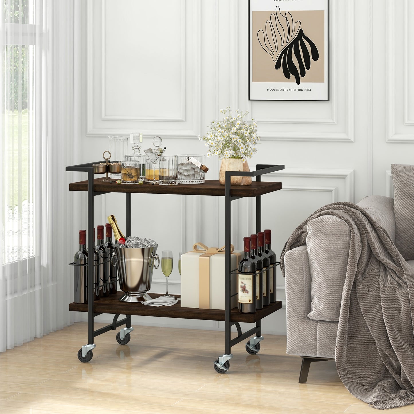 Modern Rustic Rolling Bar Cart with Storage Shelves and Locking Wheels