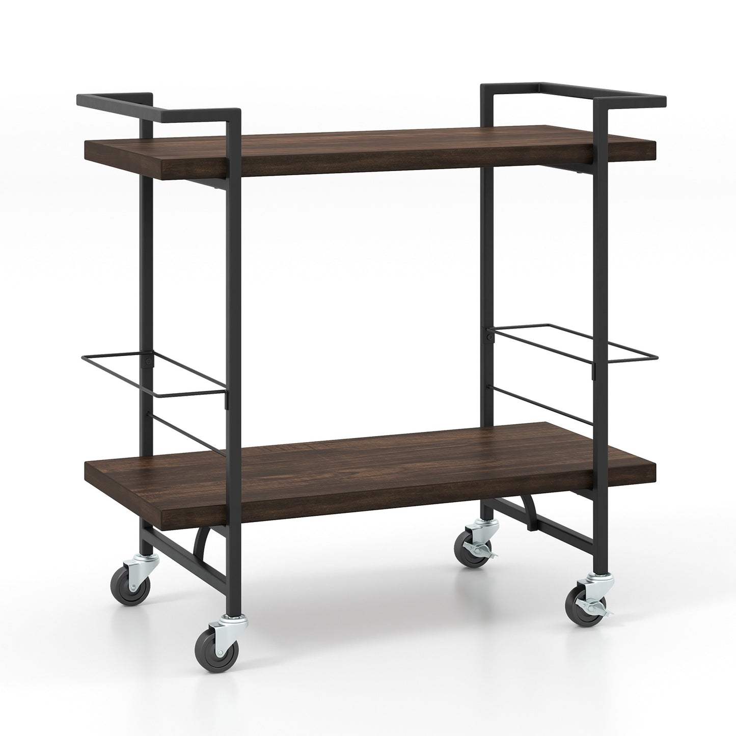 Modern Rustic Rolling Bar Cart with Storage Shelves and Locking Wheels