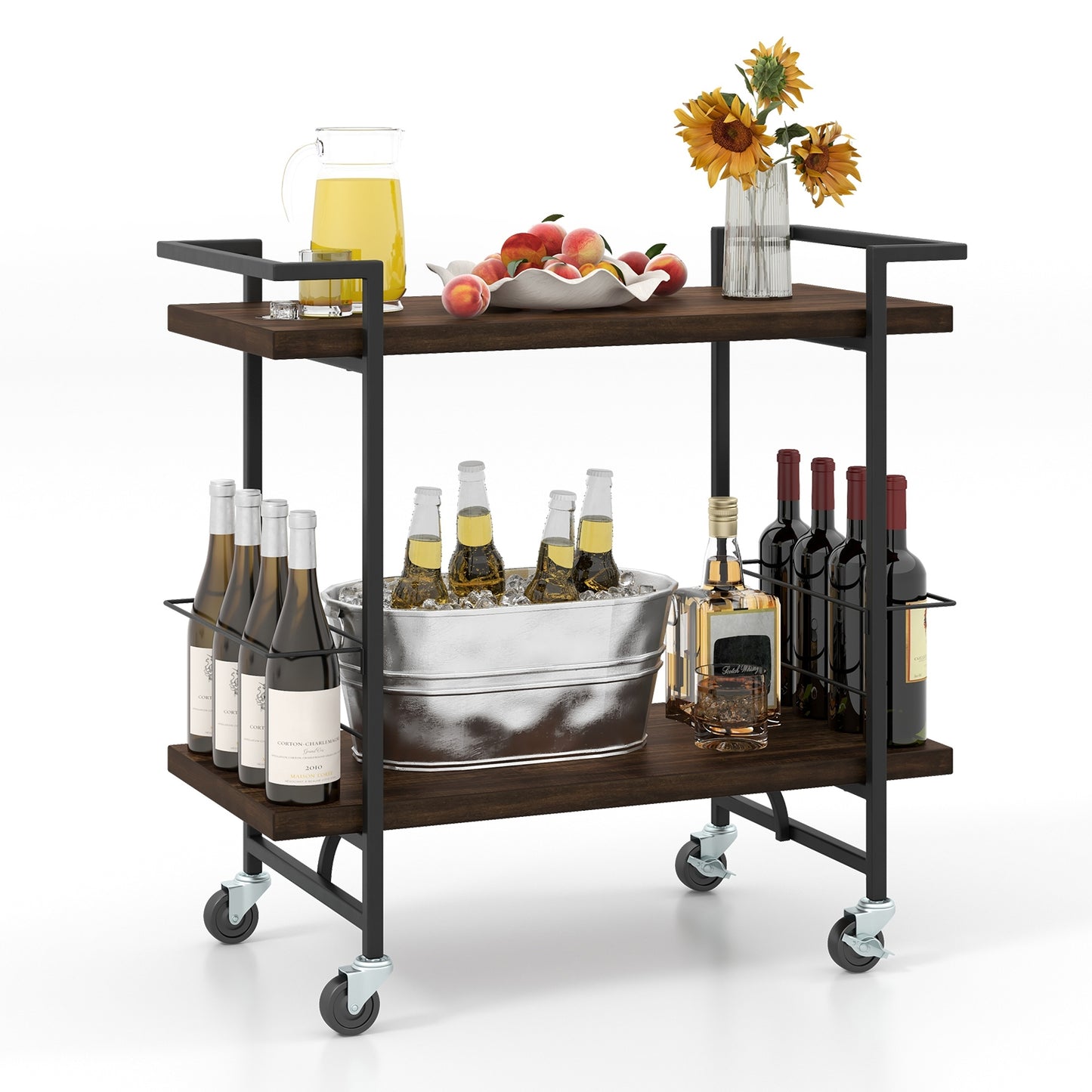 Modern Rustic Rolling Bar Cart with Storage Shelves and Locking Wheels