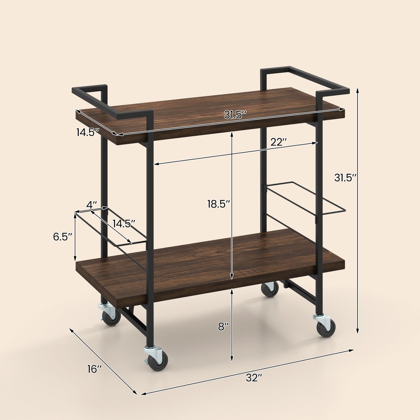 Modern Rustic Rolling Bar Cart with Storage Shelves and Locking Wheels