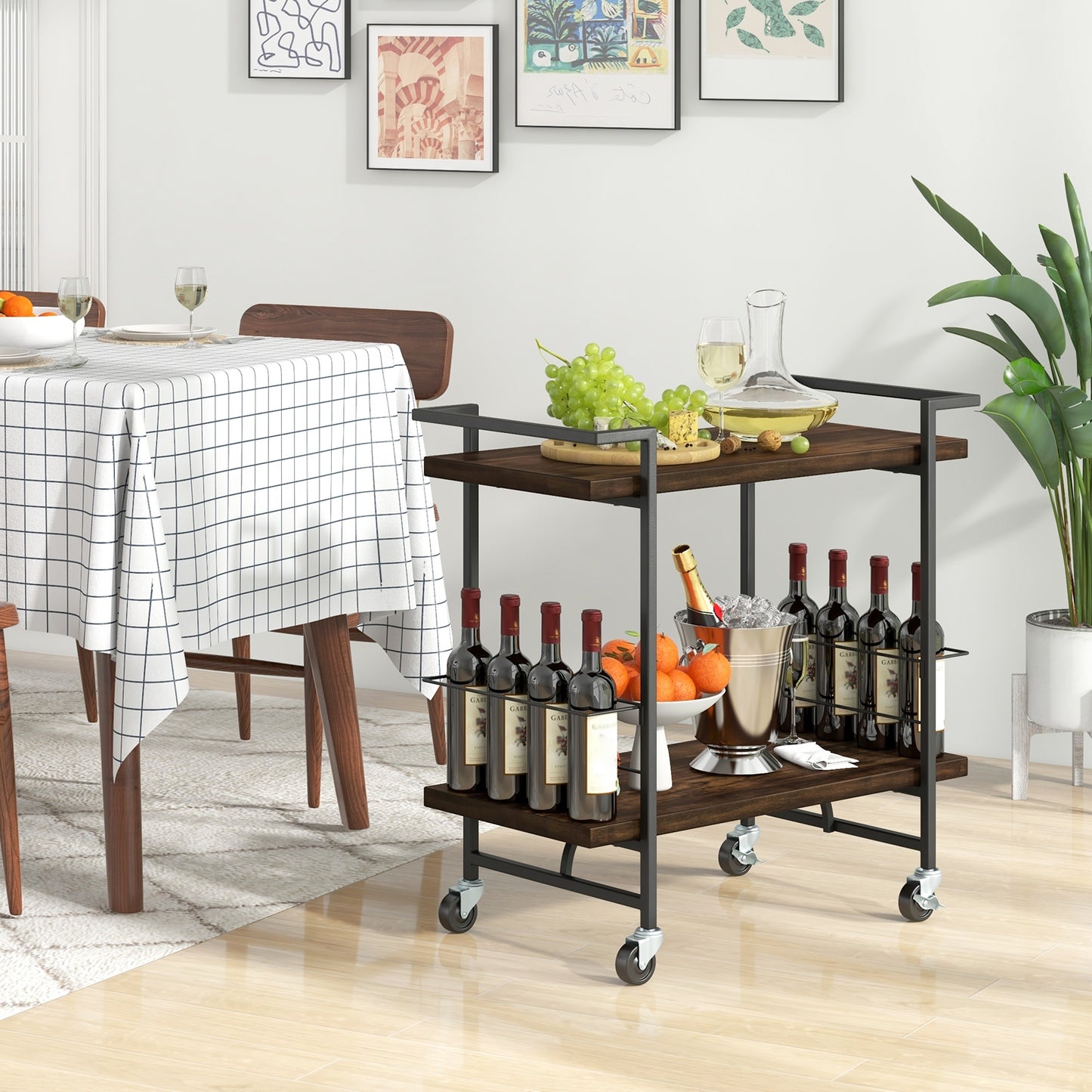 Modern Rustic Rolling Bar Cart with Storage Shelves and Locking Wheels