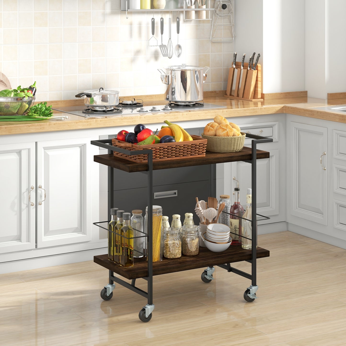 Modern Rustic Rolling Bar Cart with Storage Shelves and Locking Wheels