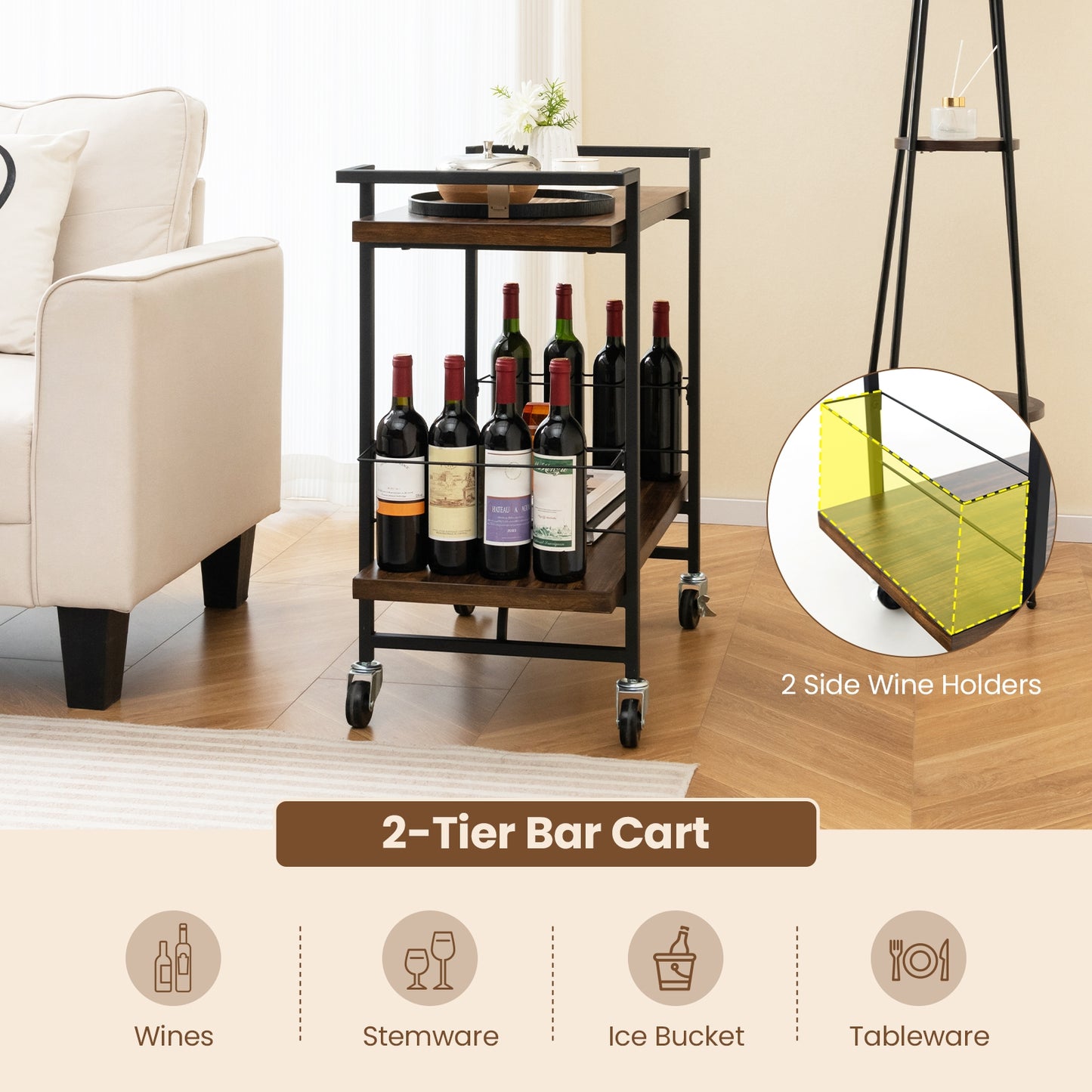 Modern Rustic Rolling Bar Cart with Storage Shelves and Locking Wheels