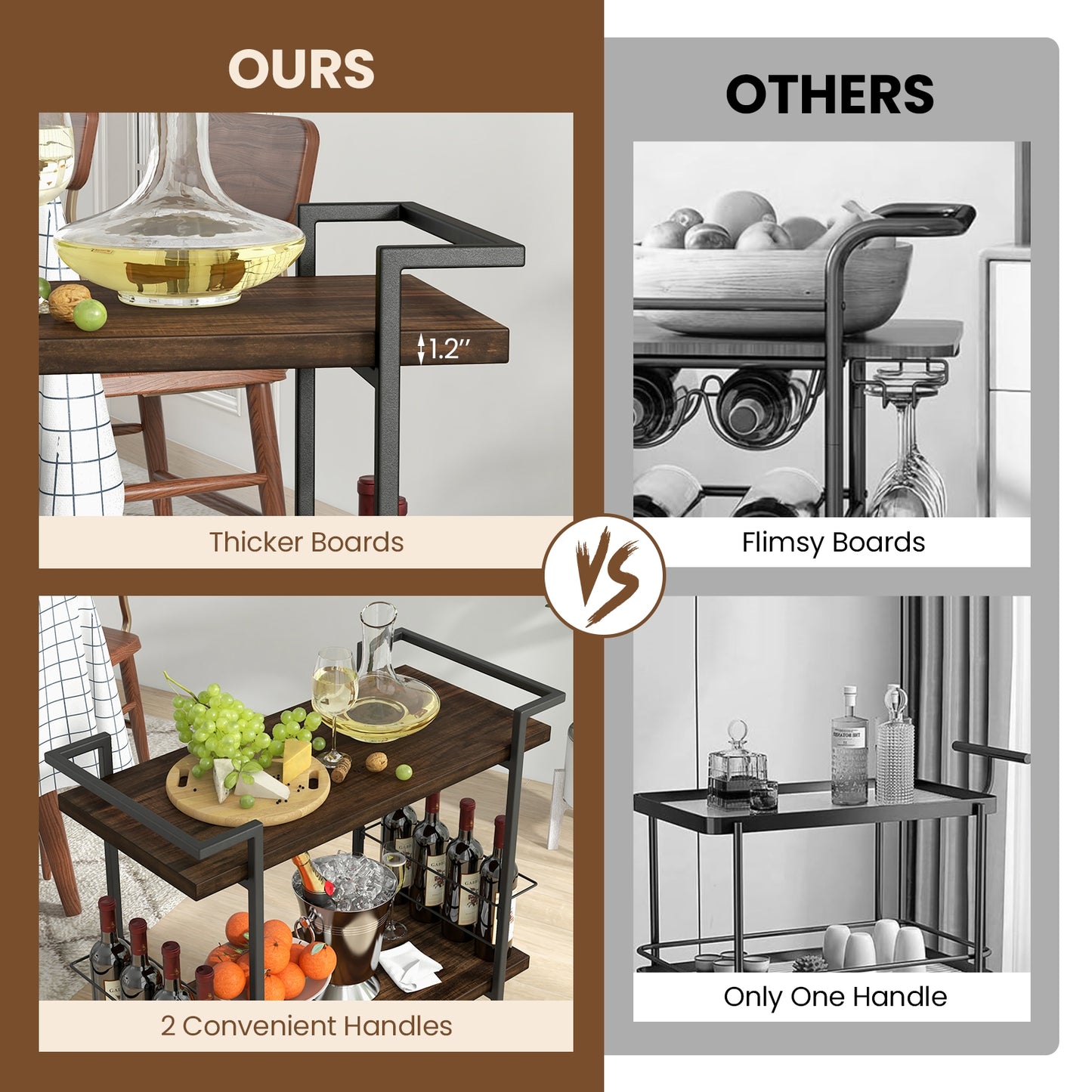 Modern Rustic Rolling Bar Cart with Storage Shelves and Locking Wheels