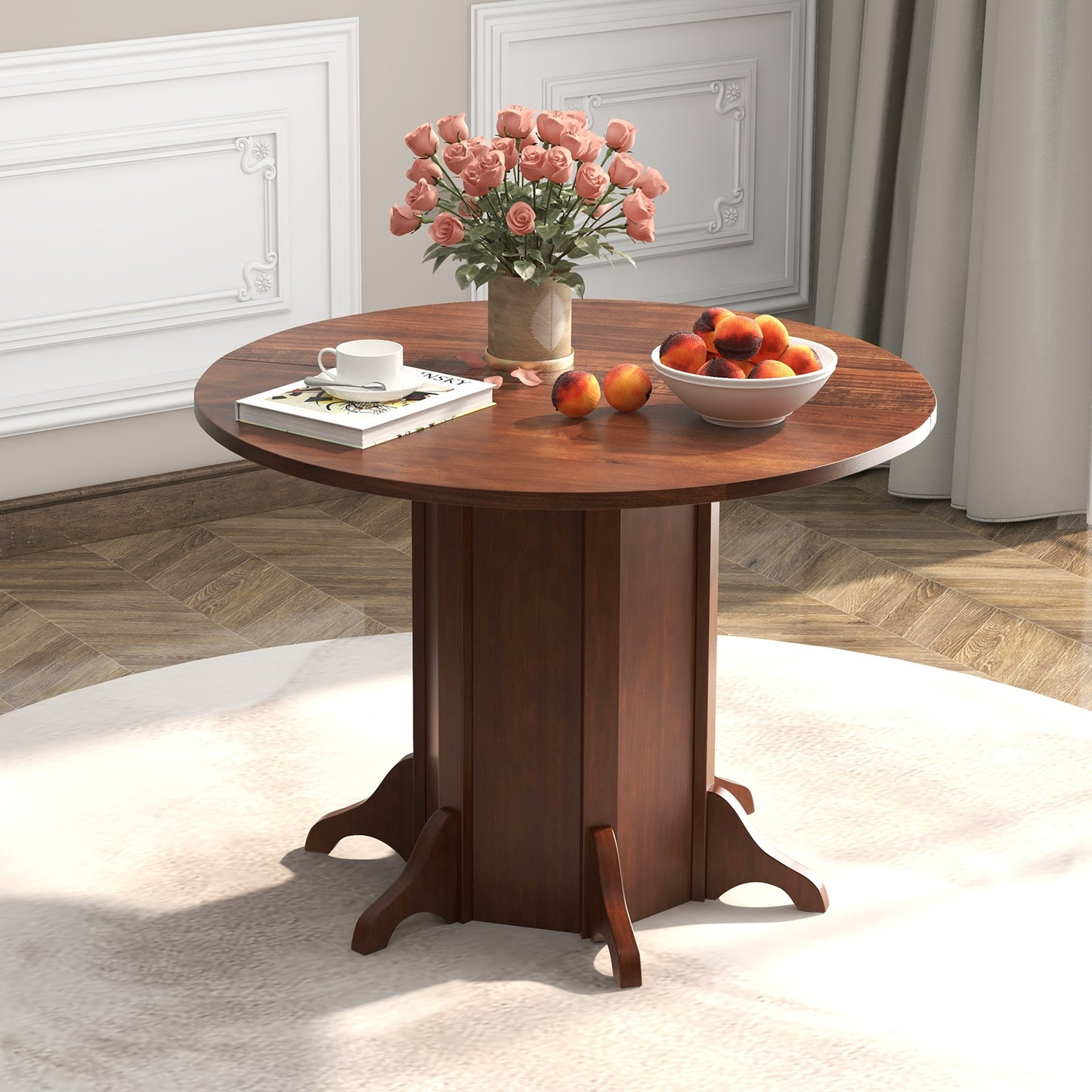 42 Inch Round Farmhouse Dining Table with Pedestal Base for 4 to 6 People