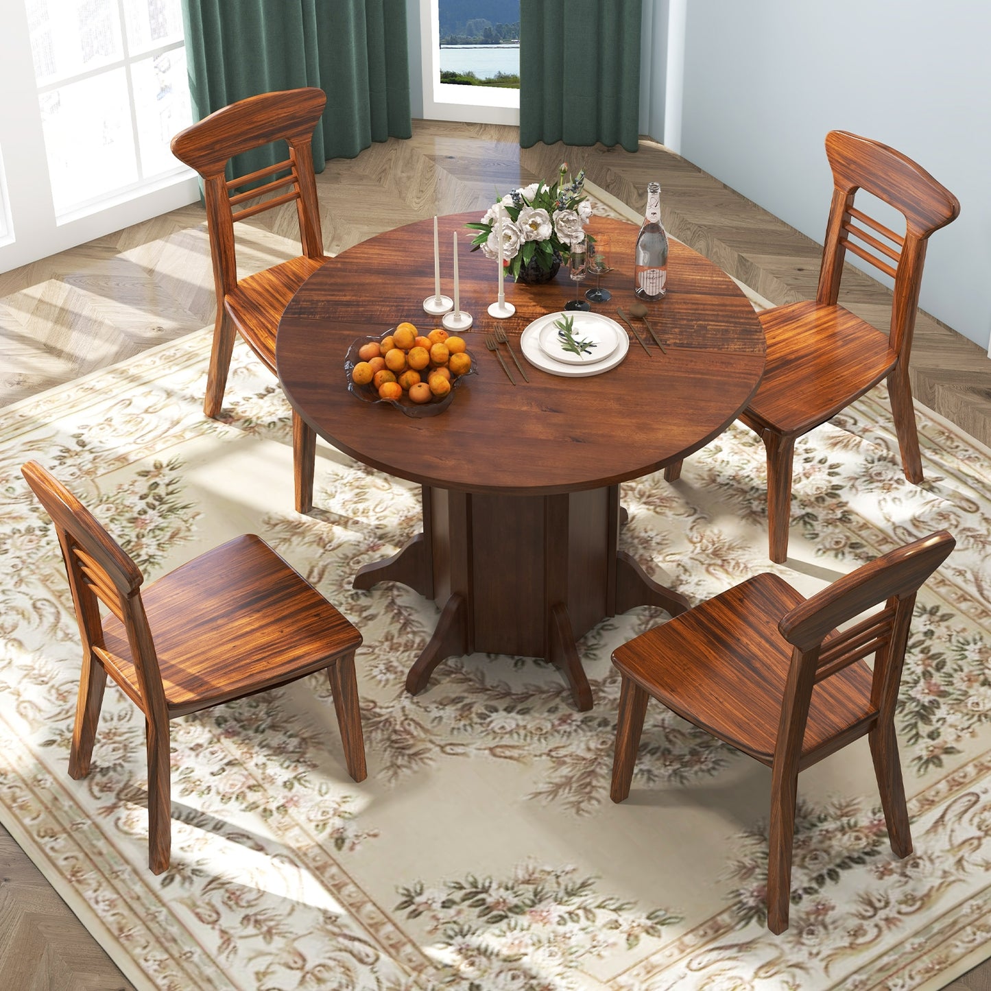 42 Inch Round Farmhouse Dining Table with Pedestal Base for 4 to 6 People
