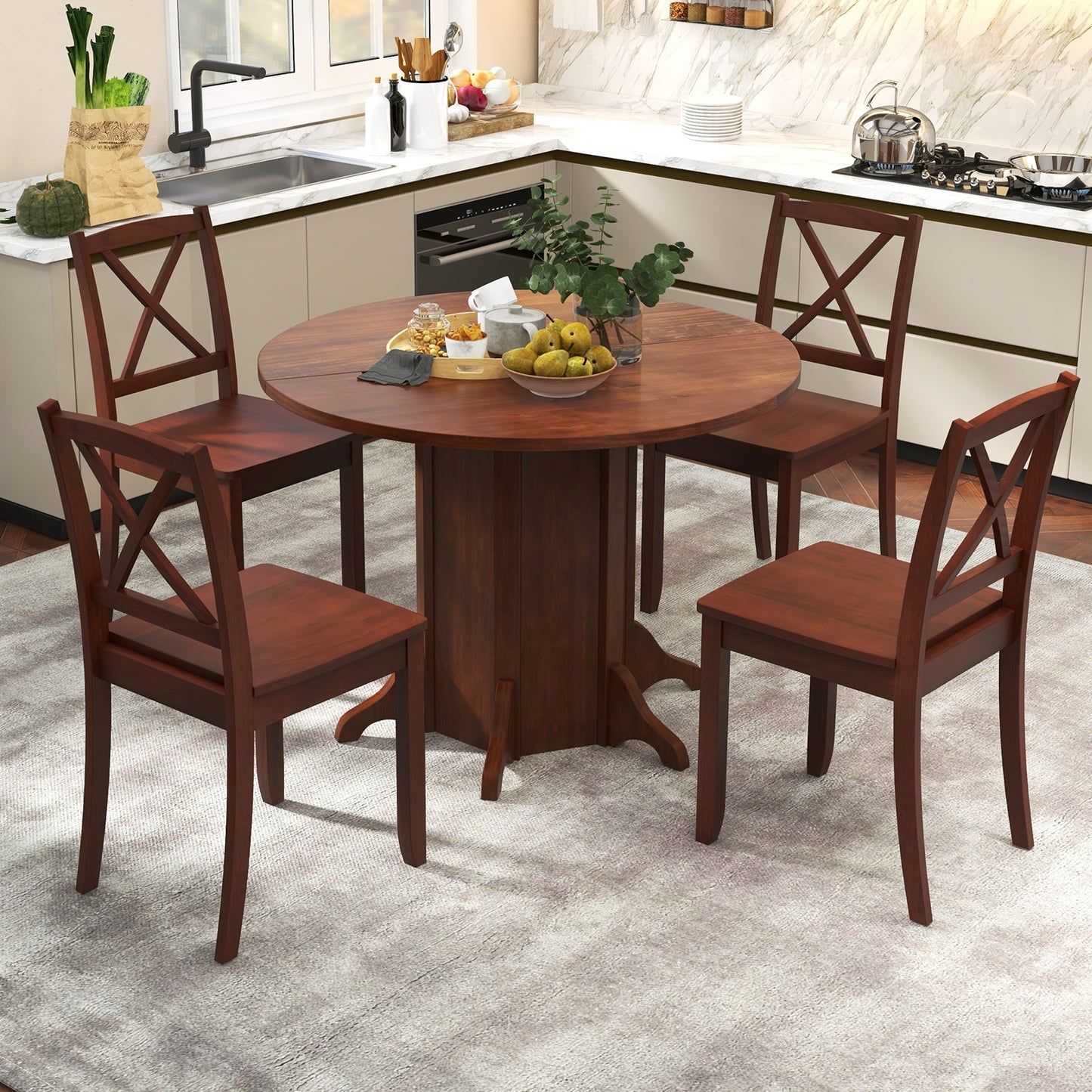 42 Inch Round Farmhouse Dining Table with Pedestal Base for 4 to 6 People
