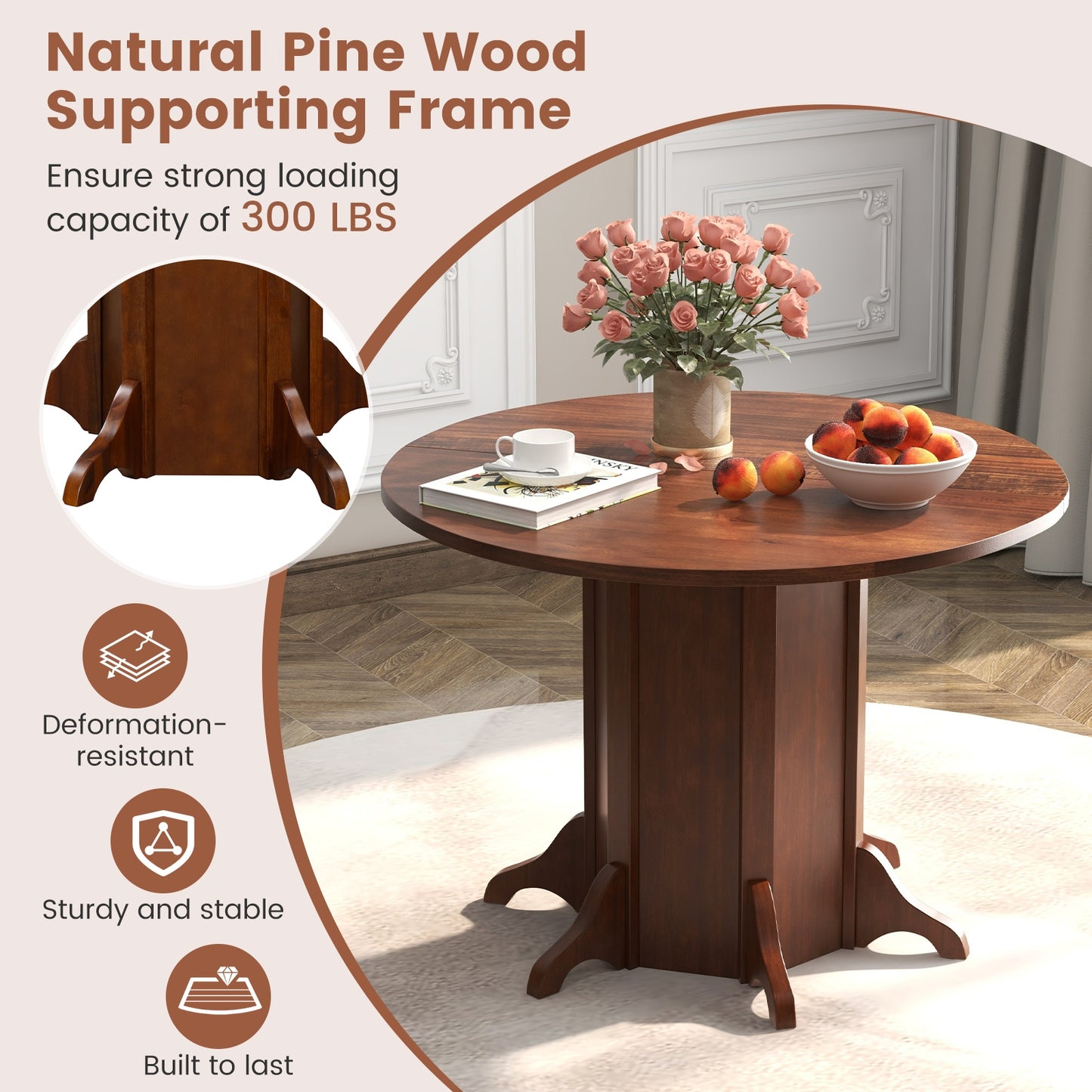 42 Inch Round Farmhouse Dining Table with Pedestal Base for 4 to 6 People