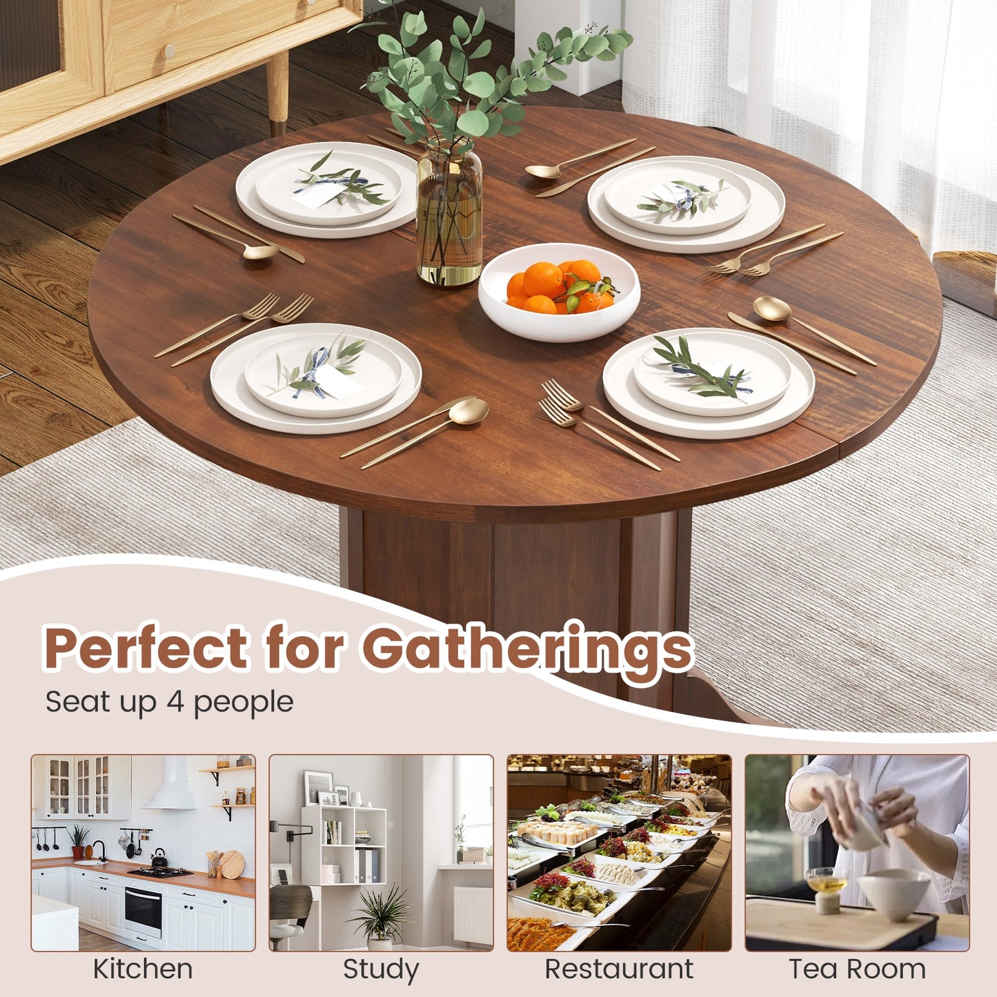 42 Inch Round Farmhouse Dining Table with Pedestal Base for 4 to 6 People