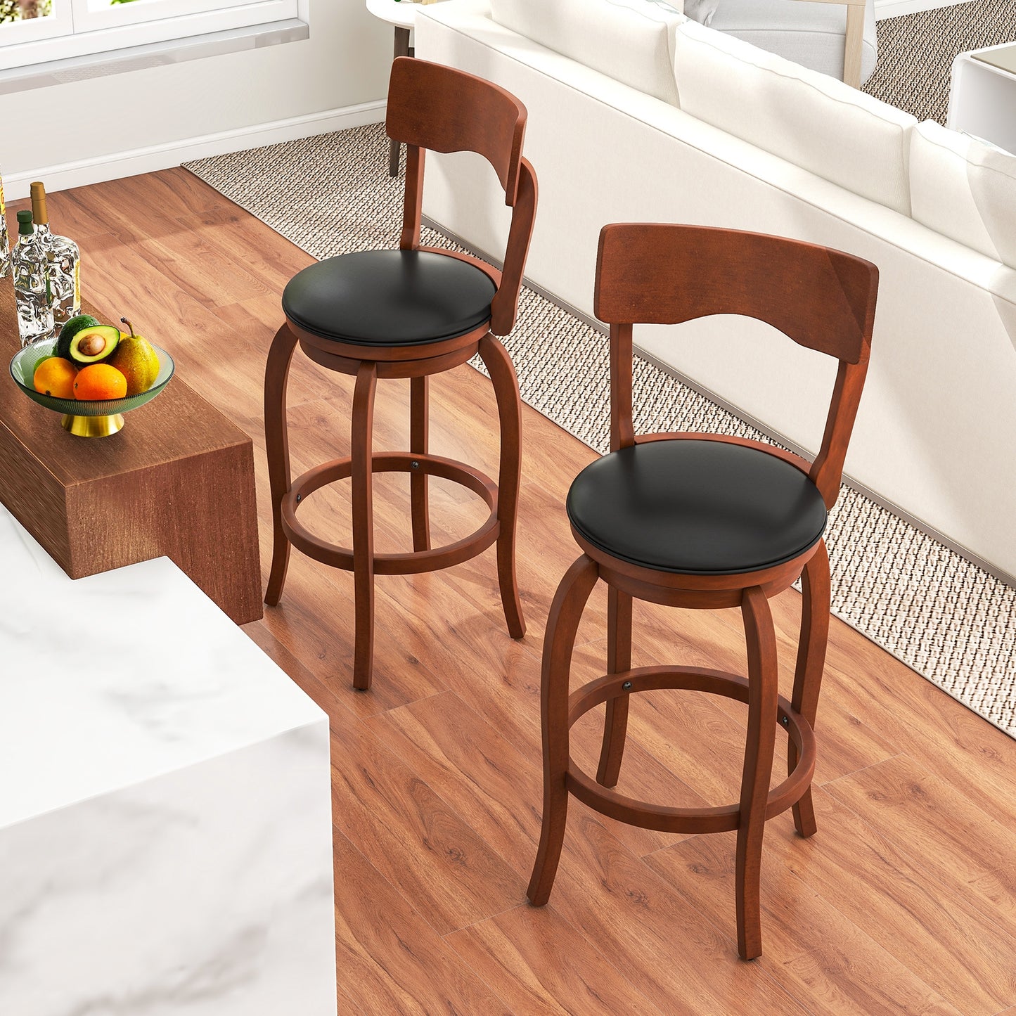 2 Pieces Swivel Bar Stools with Rubber Wood Frame and Upholstered Faux Leather Seat - 29.5 Inch