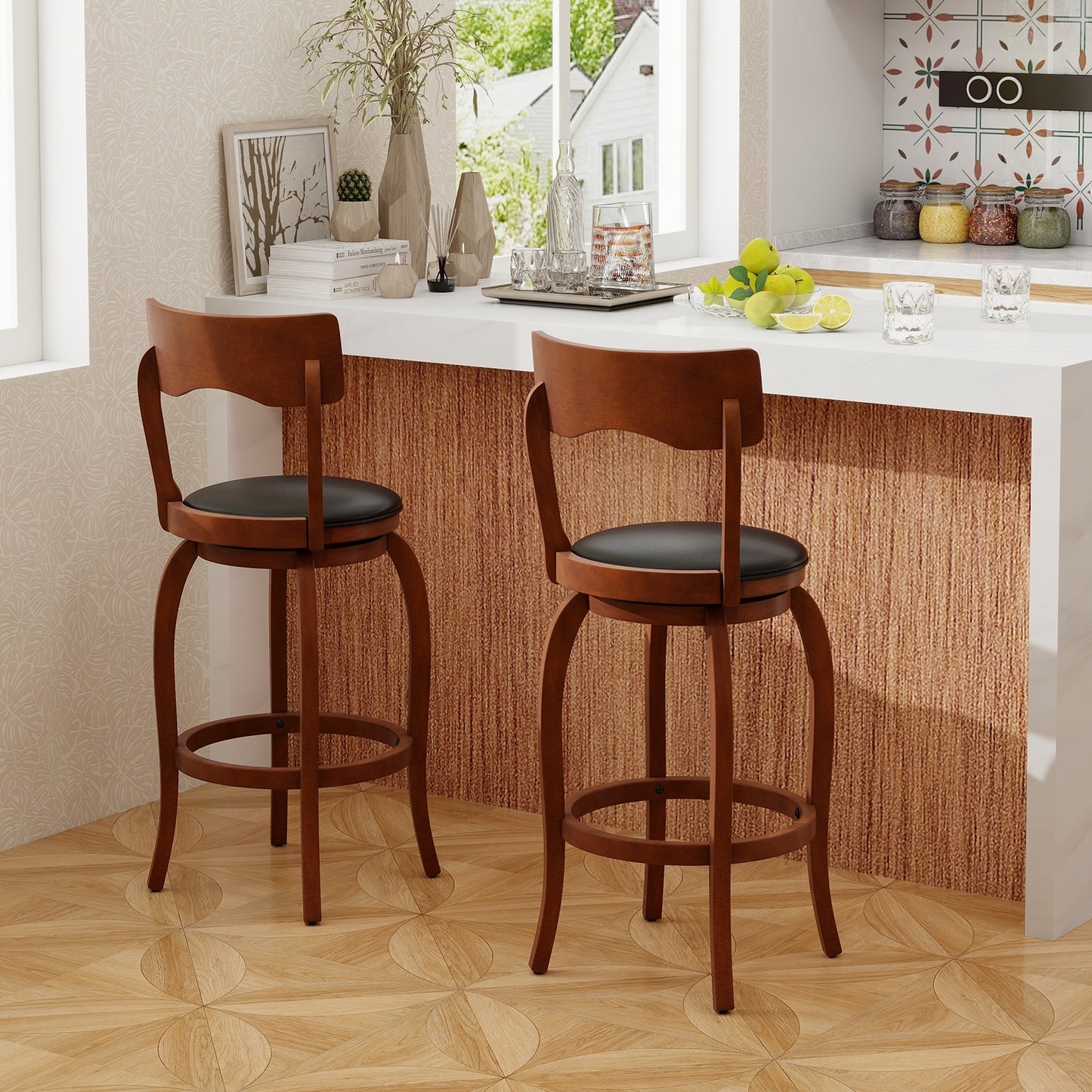 2 Pieces Swivel Bar Stools with Rubber Wood Frame and Upholstered Faux Leather Seat - 29.5 Inch
