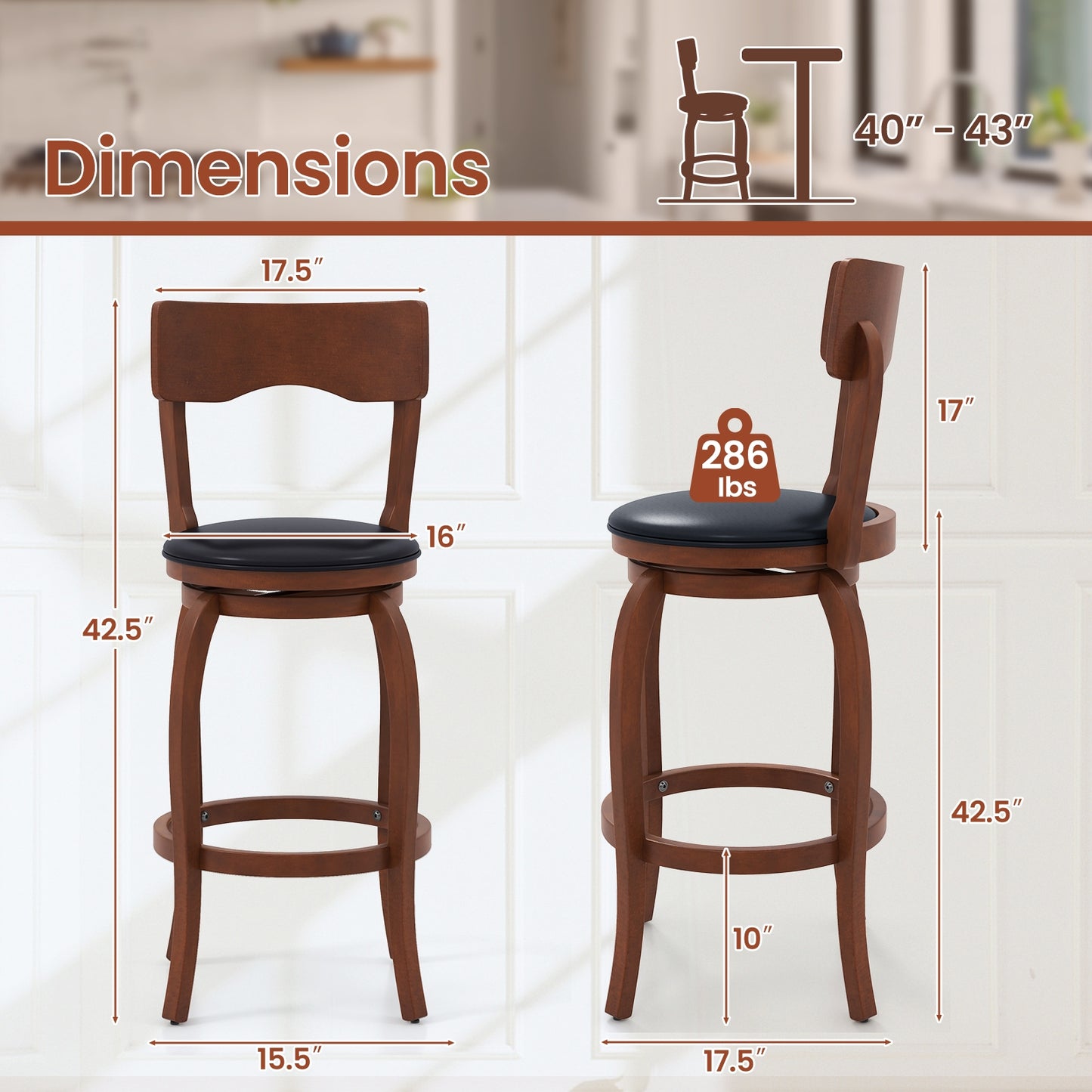 2 Pieces Swivel Bar Stools with Rubber Wood Frame and Upholstered Faux Leather Seat - 29.5 Inch
