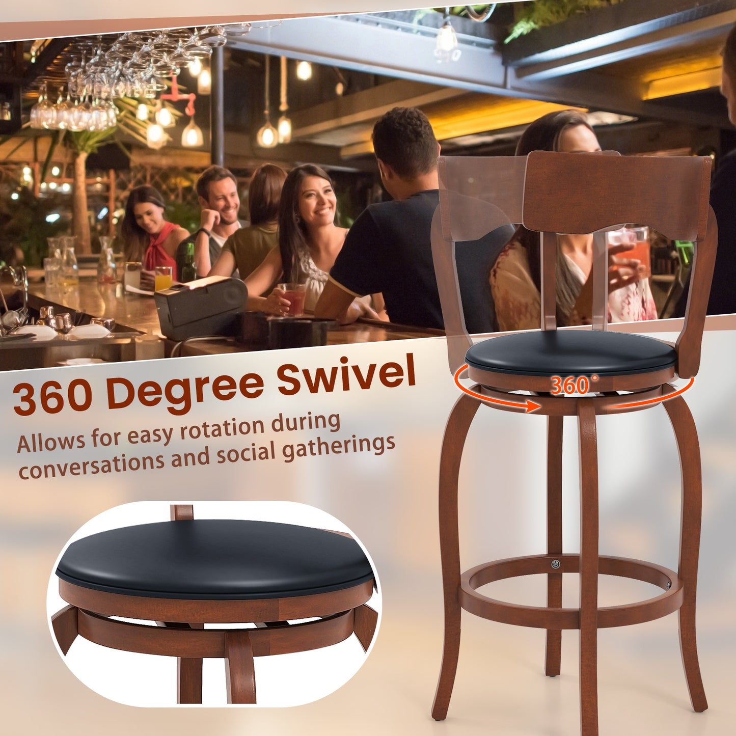 2 Pieces Swivel Bar Stools with Rubber Wood Frame and Upholstered Faux Leather Seat - 29.5 Inch