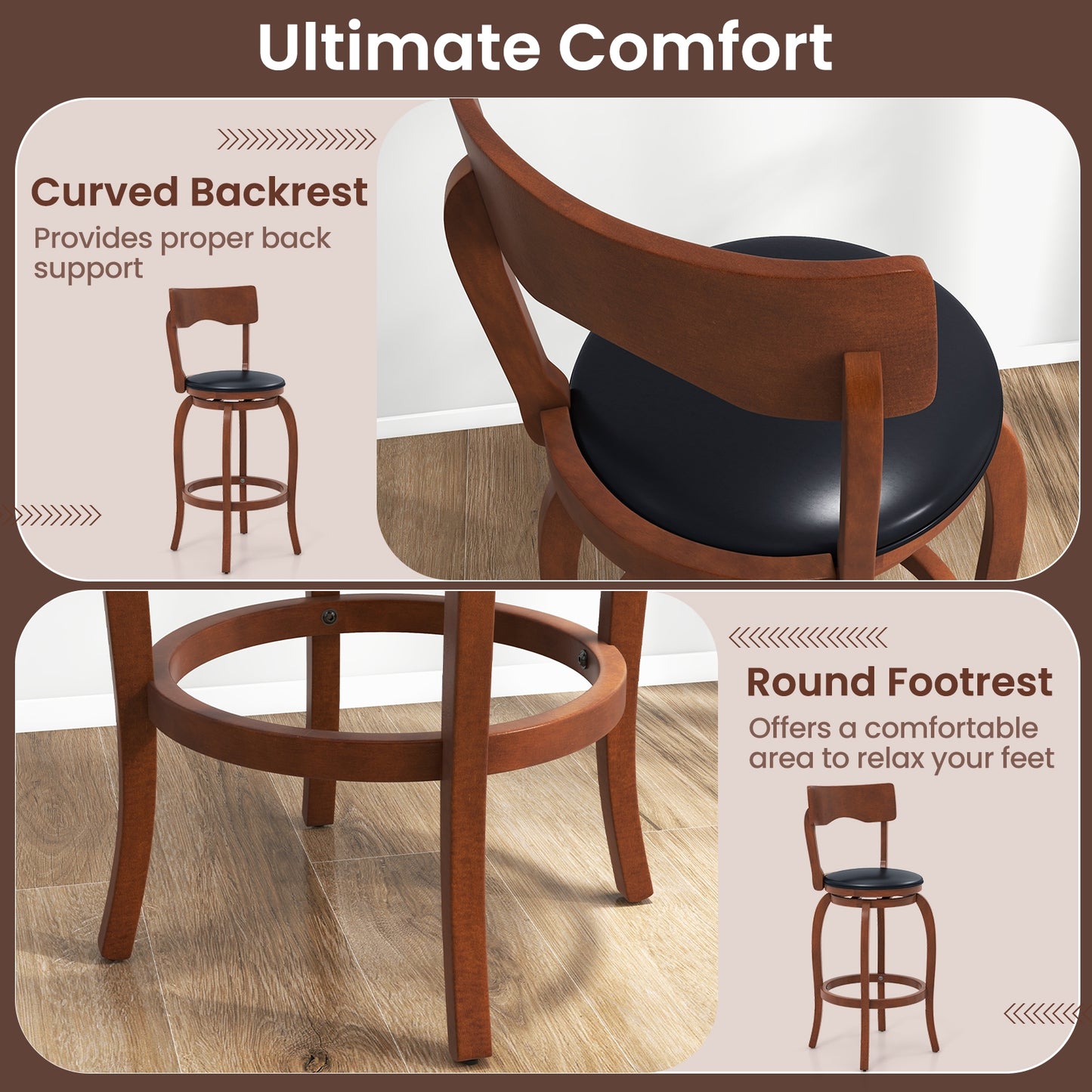 2 Pieces Swivel Bar Stools with Rubber Wood Frame and Upholstered Faux Leather Seat - 29.5 Inch