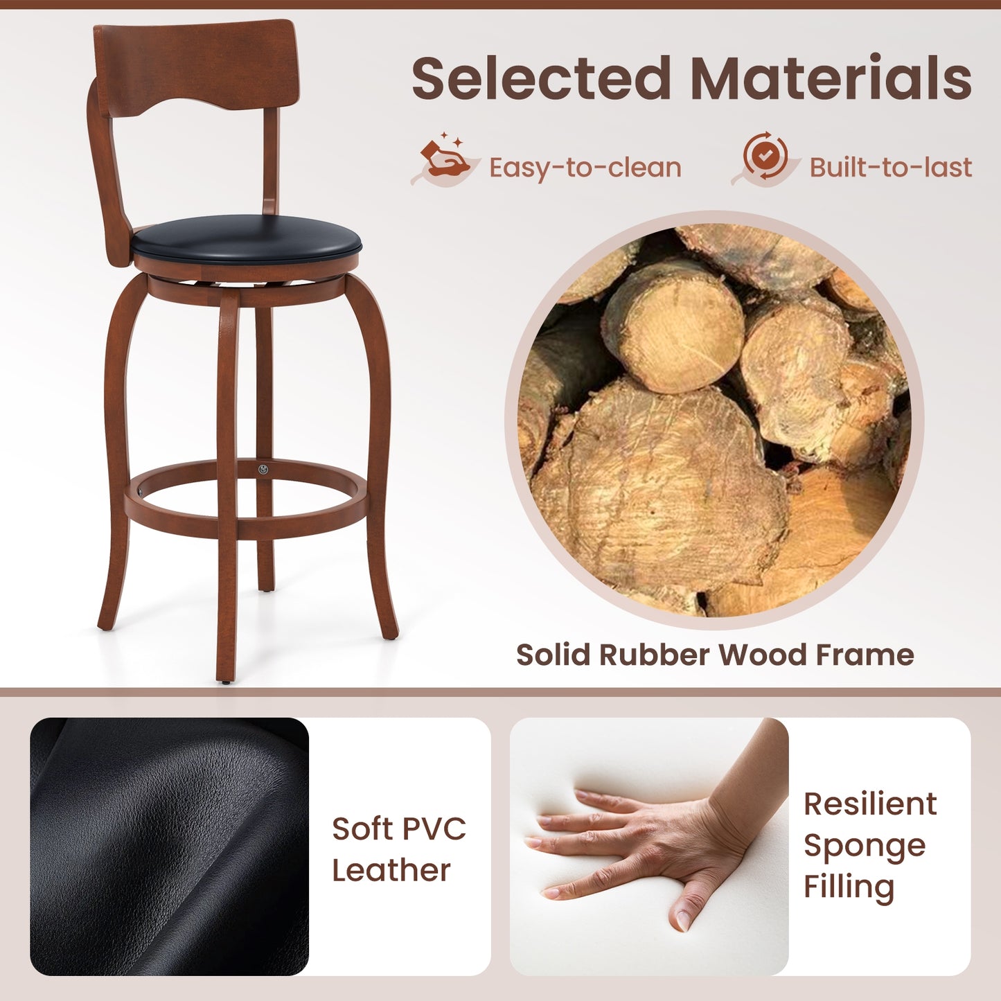 2 Pieces Swivel Bar Stools with Rubber Wood Frame and Upholstered Faux Leather Seat - 29.5 Inch
