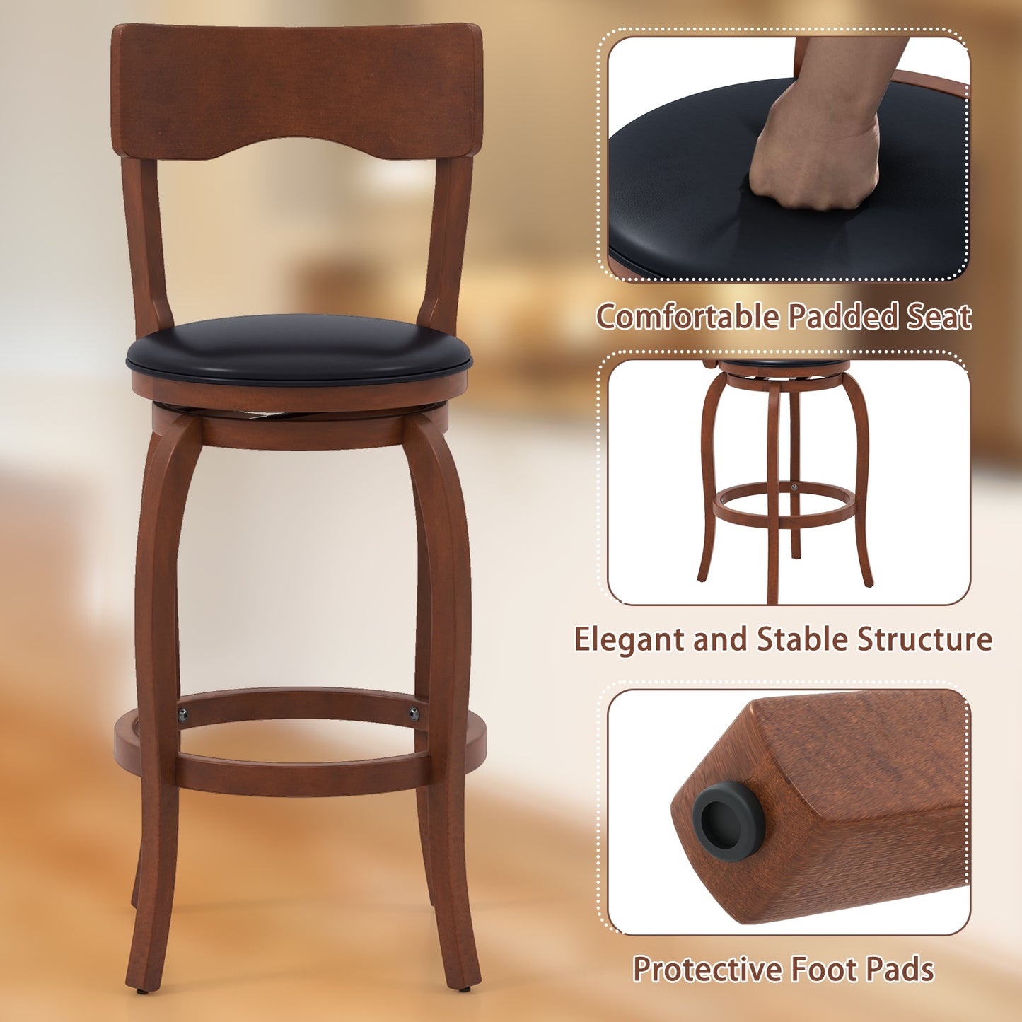 2 Pieces Swivel Bar Stools with Rubber Wood Frame and Upholstered Faux Leather Seat - 29.5 Inch