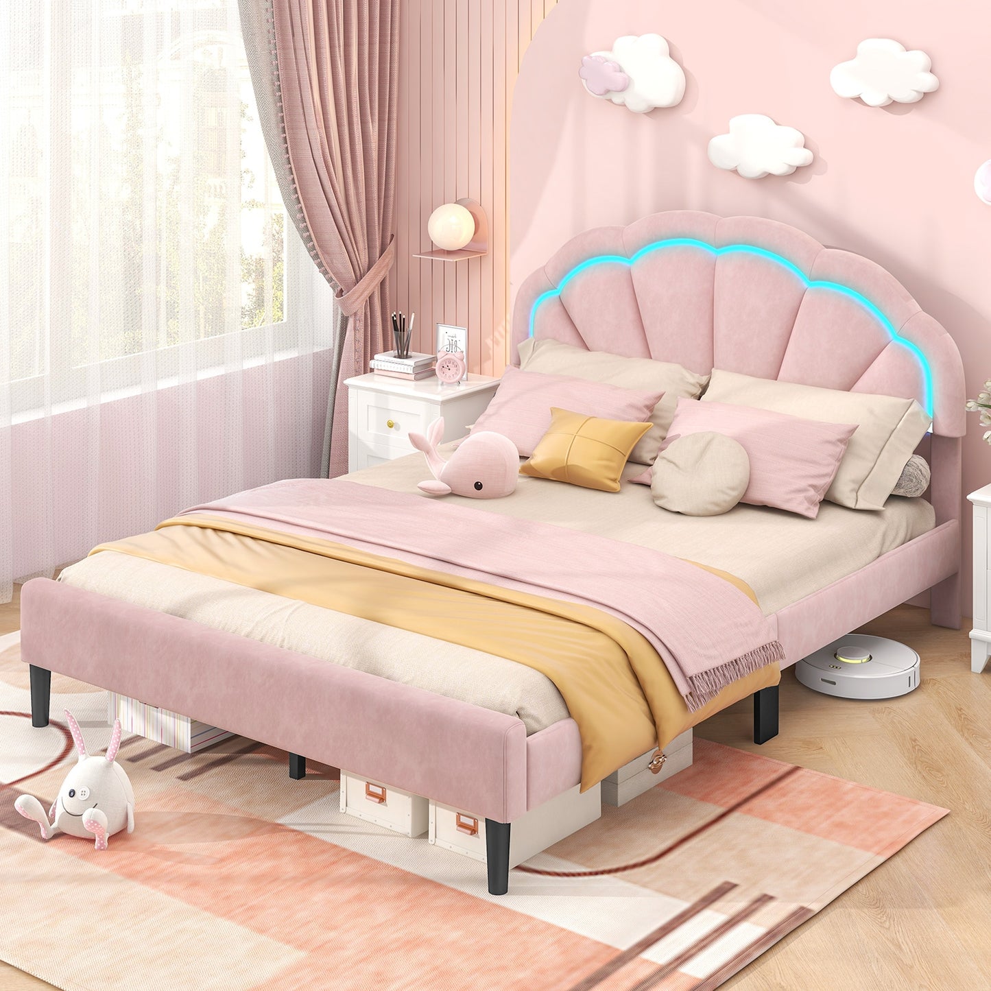 Velvet Upholstered Bed in Pink with RGB LED Lighting, Petal-Inspired Headboard and Sturdy Frame – Queen