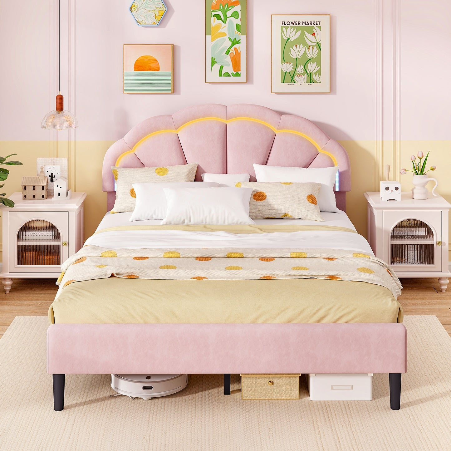 Velvet Upholstered Bed in Pink with RGB LED Lighting, Petal-Inspired Headboard and Sturdy Frame – Queen