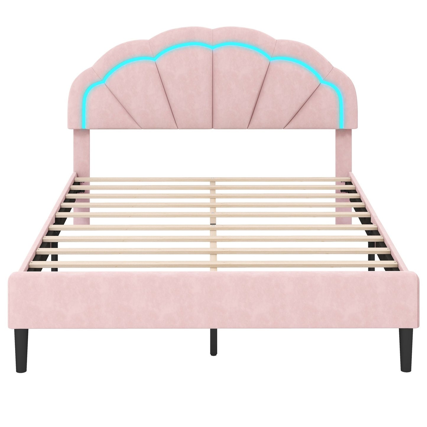 Velvet Upholstered Bed in Pink with RGB LED Lighting, Petal-Inspired Headboard and Sturdy Frame – Queen