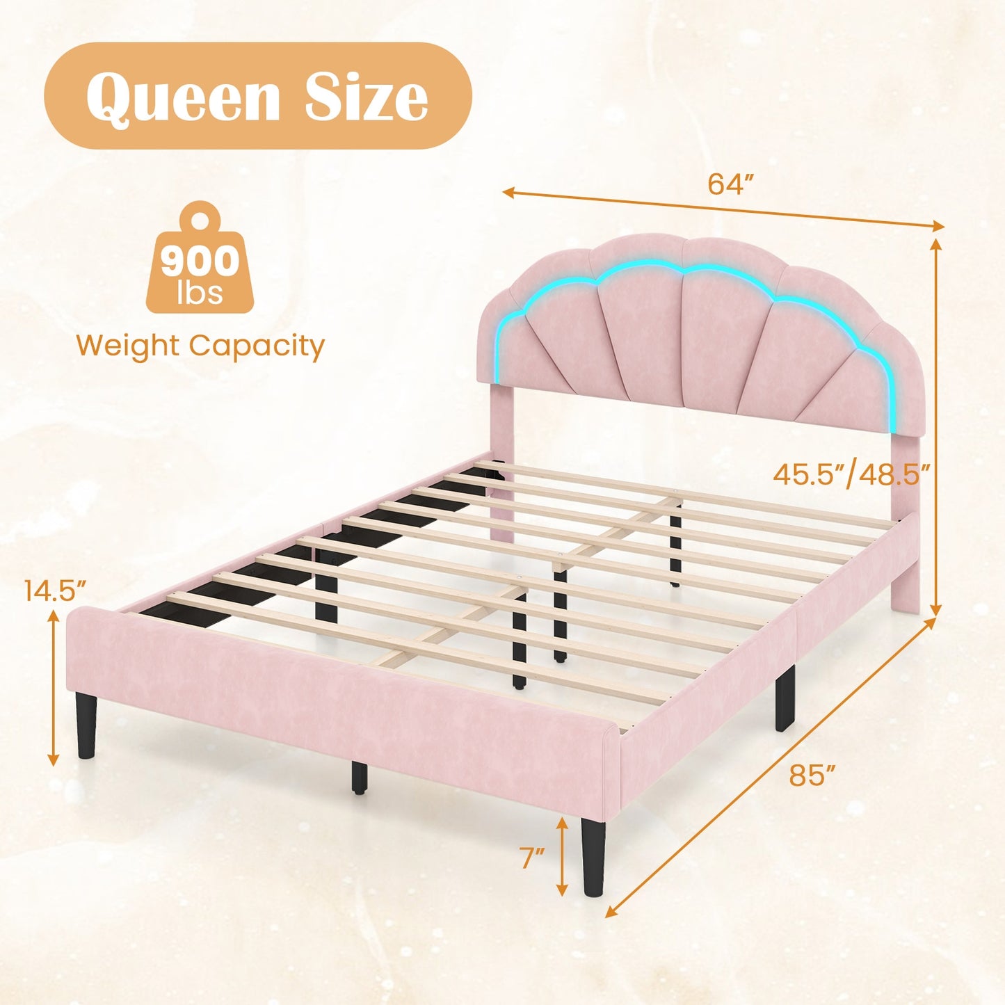 Velvet Upholstered Bed in Pink with RGB LED Lighting, Petal-Inspired Headboard and Sturdy Frame – Queen