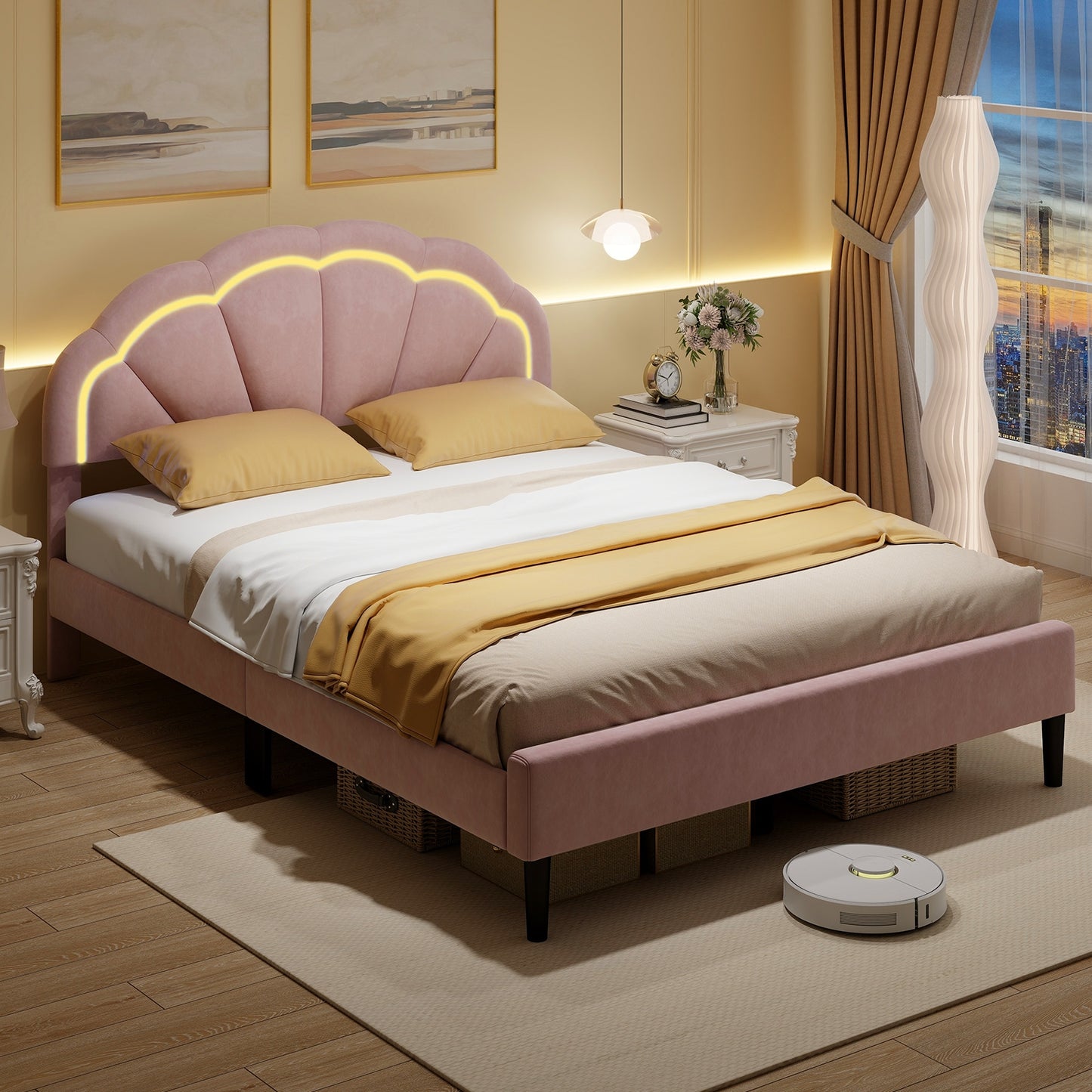Velvet Upholstered Bed in Pink with RGB LED Lighting, Petal-Inspired Headboard and Sturdy Frame – Queen