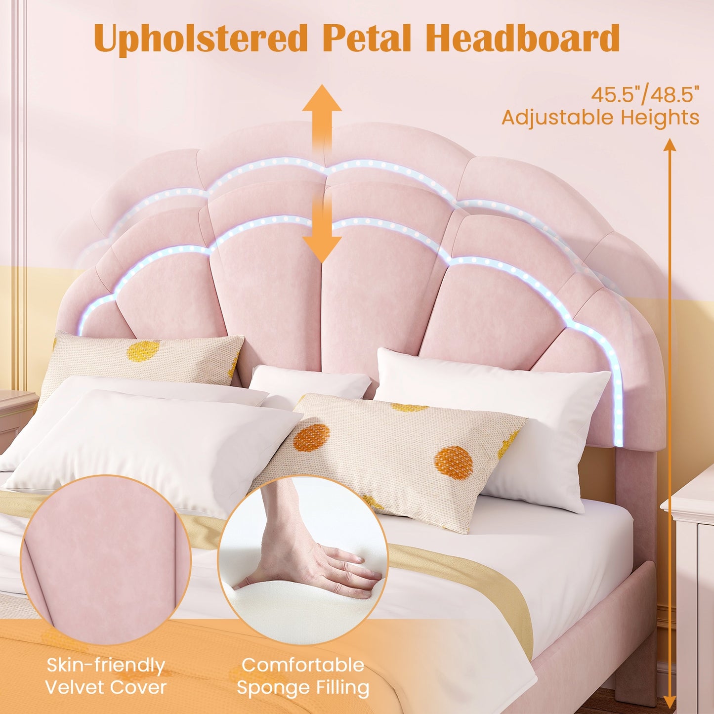 Velvet Upholstered Bed in Pink with RGB LED Lighting, Petal-Inspired Headboard and Sturdy Frame – Queen