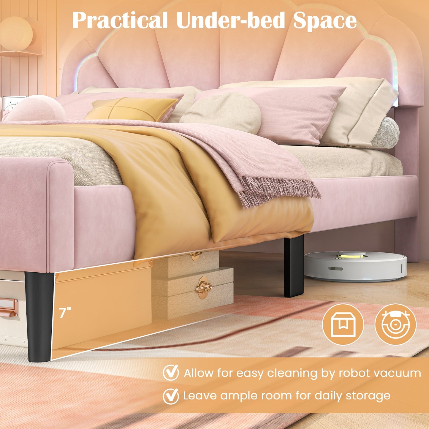 Velvet Upholstered Bed in Pink with RGB LED Lighting, Petal-Inspired Headboard and Sturdy Frame – Queen