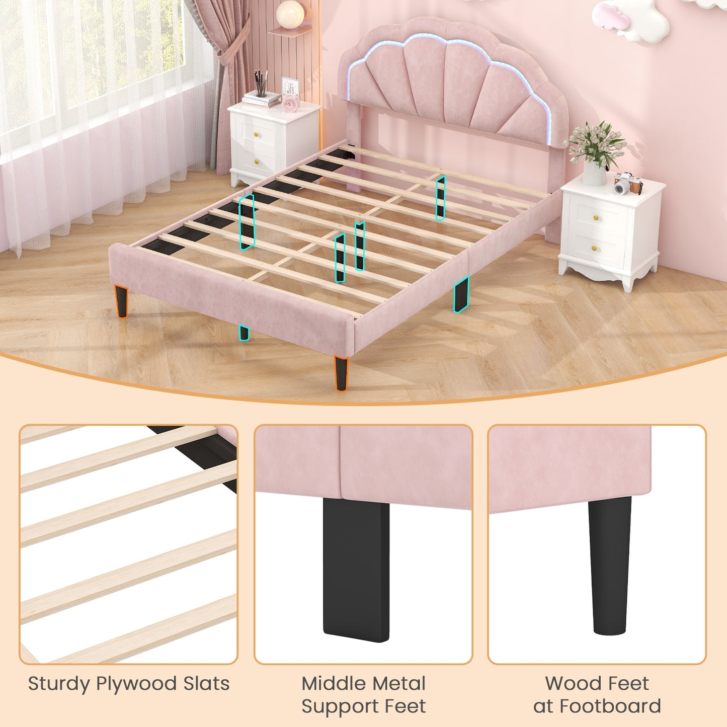 Velvet Upholstered Bed in Pink with RGB LED Lighting, Petal-Inspired Headboard and Sturdy Frame – Queen