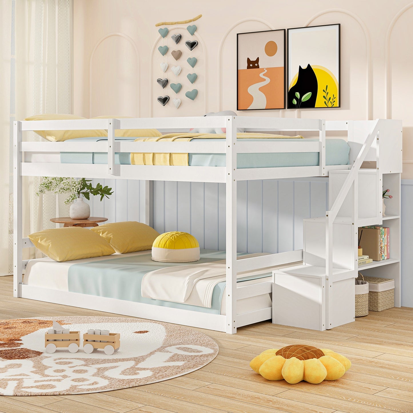 Solid Wood Full Over Full Bunk Bed with Built-In Storage Stairs and Safety Guardrails