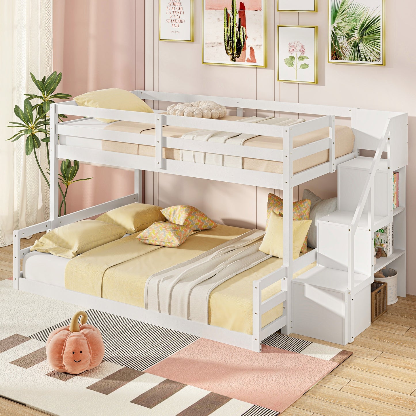 Solid Wood Twin Over Full Bunk Bed with Storage Stairs and Safety Guardrails