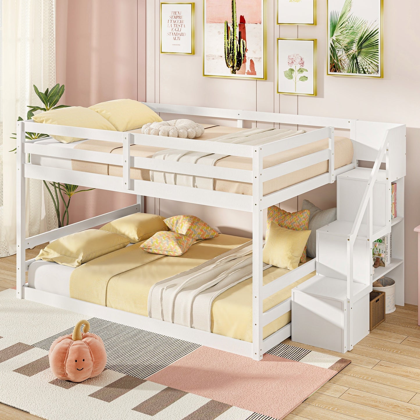 Solid Wood Full Over Full Bunk Bed with Built-In Storage Stairs and Safety Guardrails