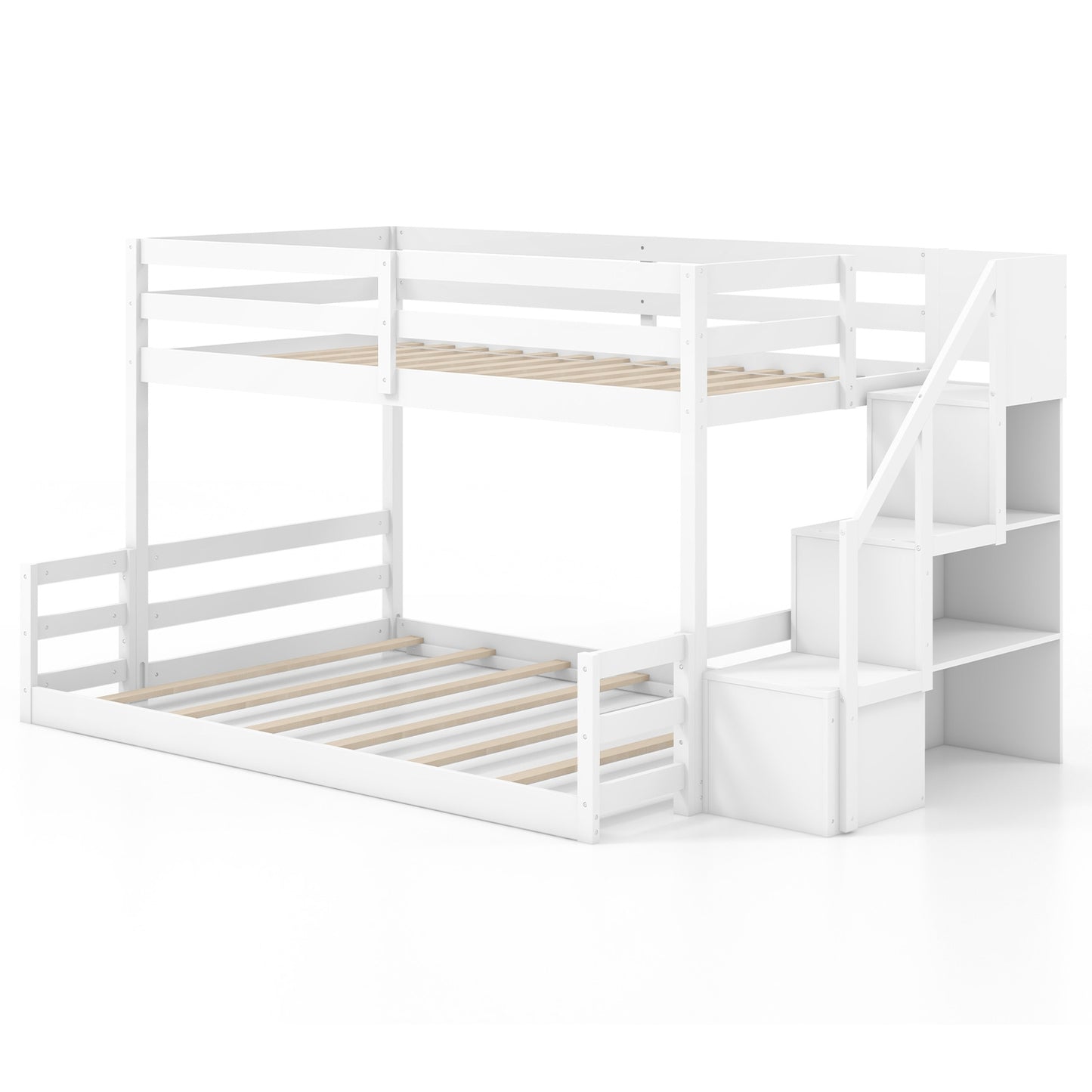 Solid Wood Twin Over Full Bunk Bed with Storage Stairs and Safety Guardrails