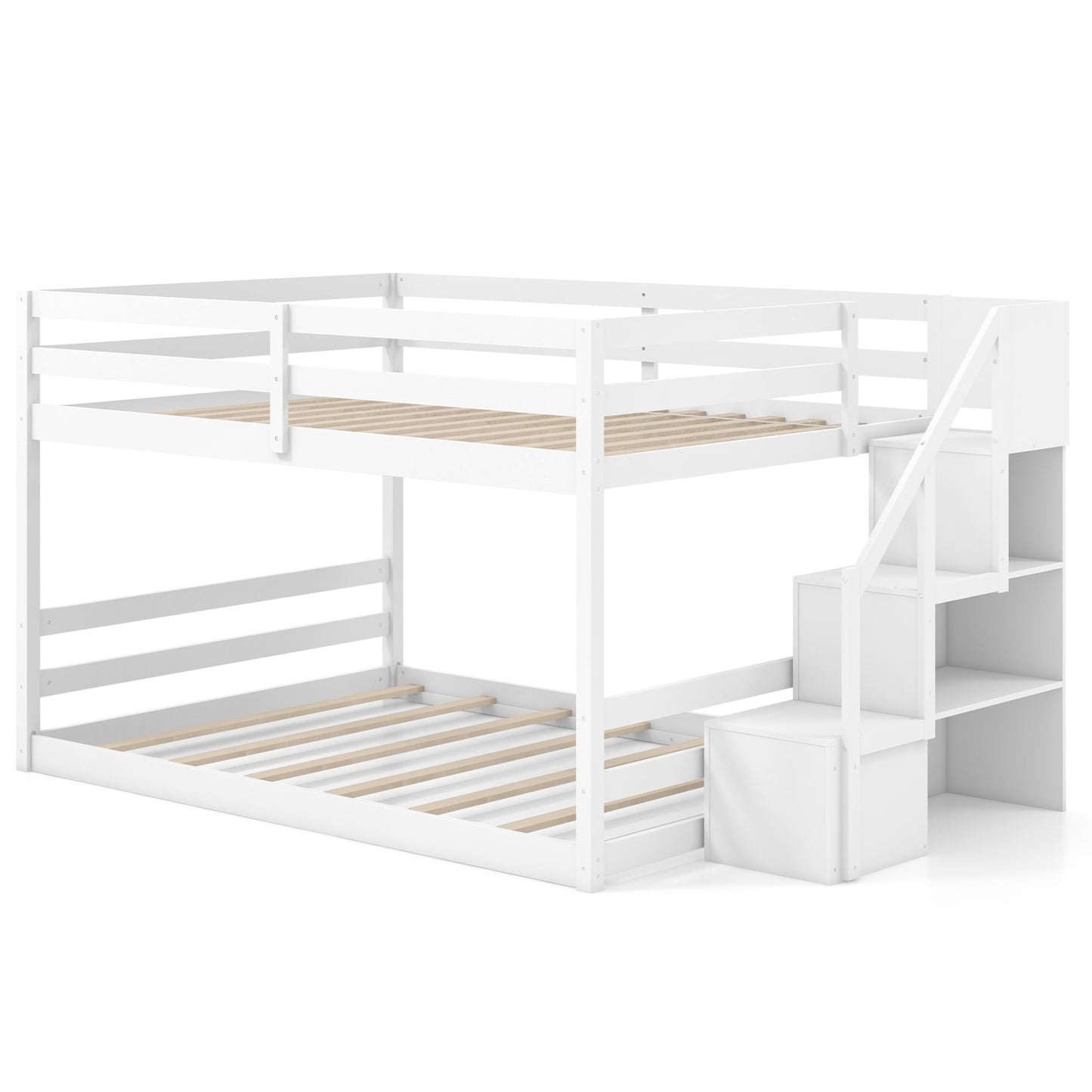Solid Wood Full Over Full Bunk Bed with Built-In Storage Stairs and Safety Guardrails