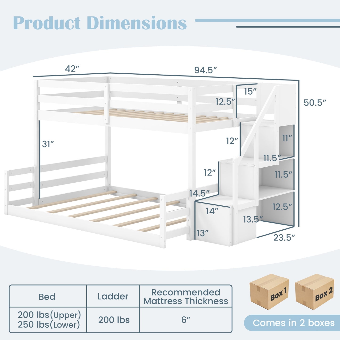 Solid Wood Twin Over Full Bunk Bed with Storage Stairs and Safety Guardrails