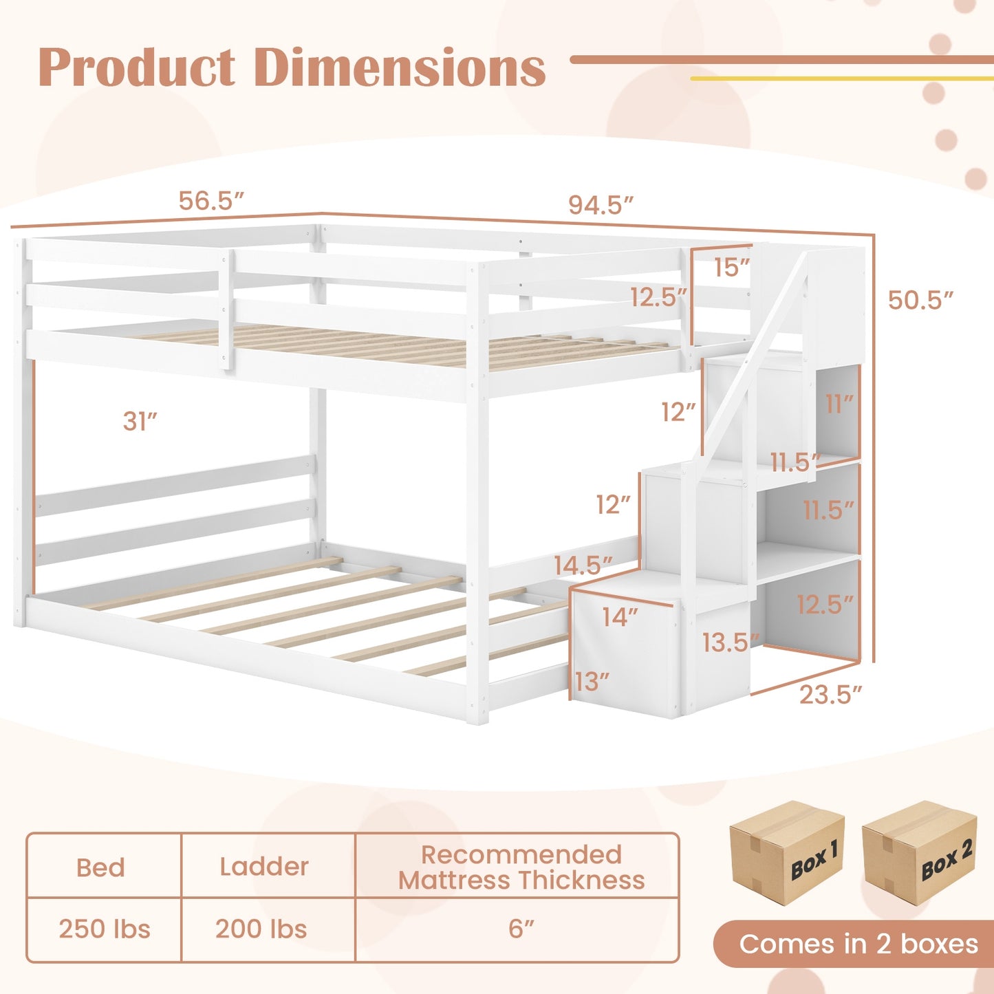 Solid Wood Full Over Full Bunk Bed with Built-In Storage Stairs and Safety Guardrails