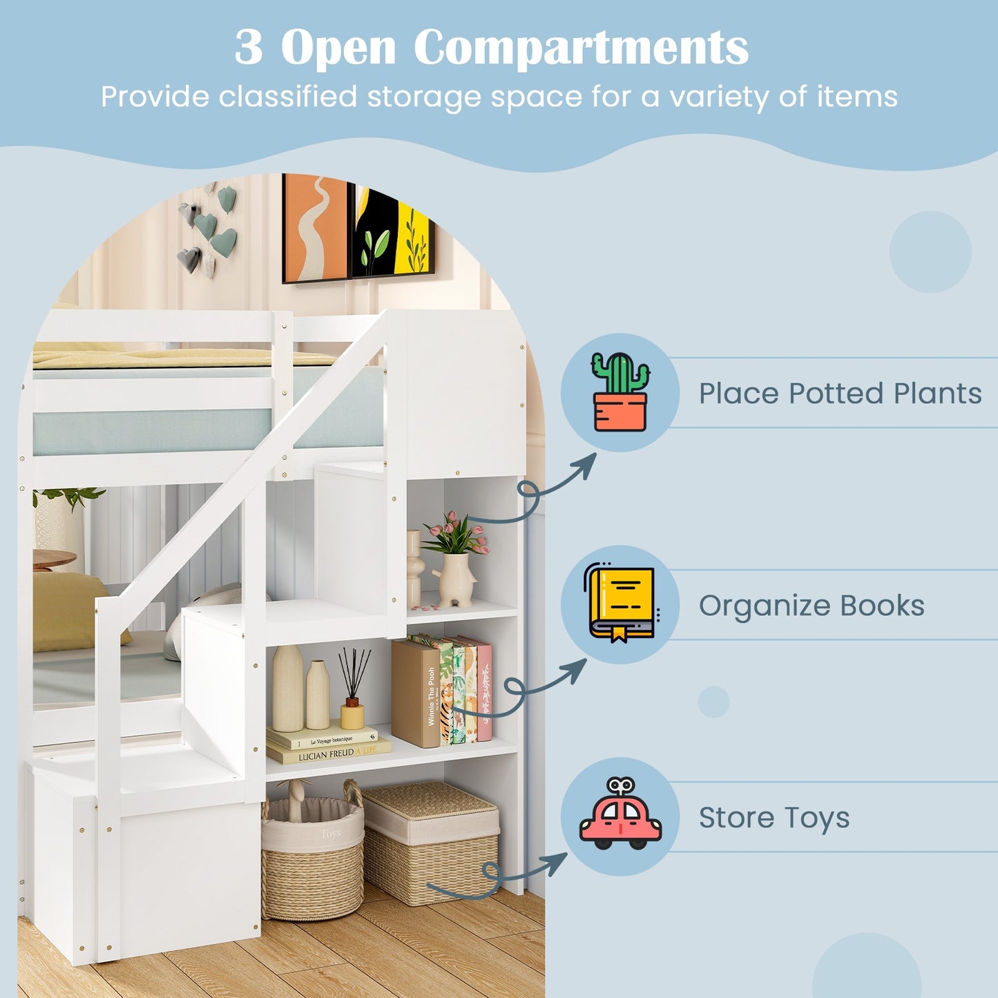 Solid Wood Twin Over Full Bunk Bed with Storage Stairs and Safety Guardrails