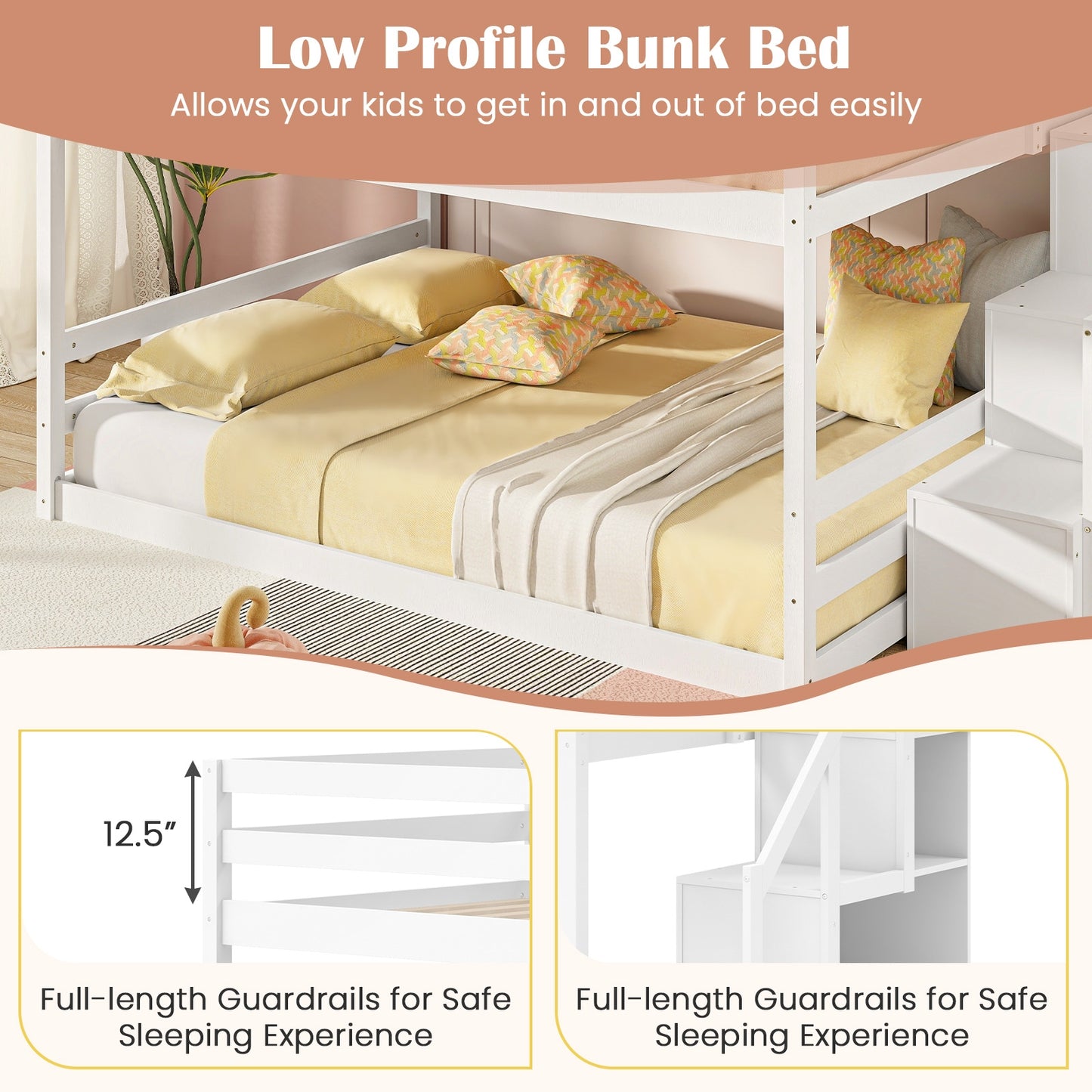 Solid Wood Full Over Full Bunk Bed with Built-In Storage Stairs and Safety Guardrails