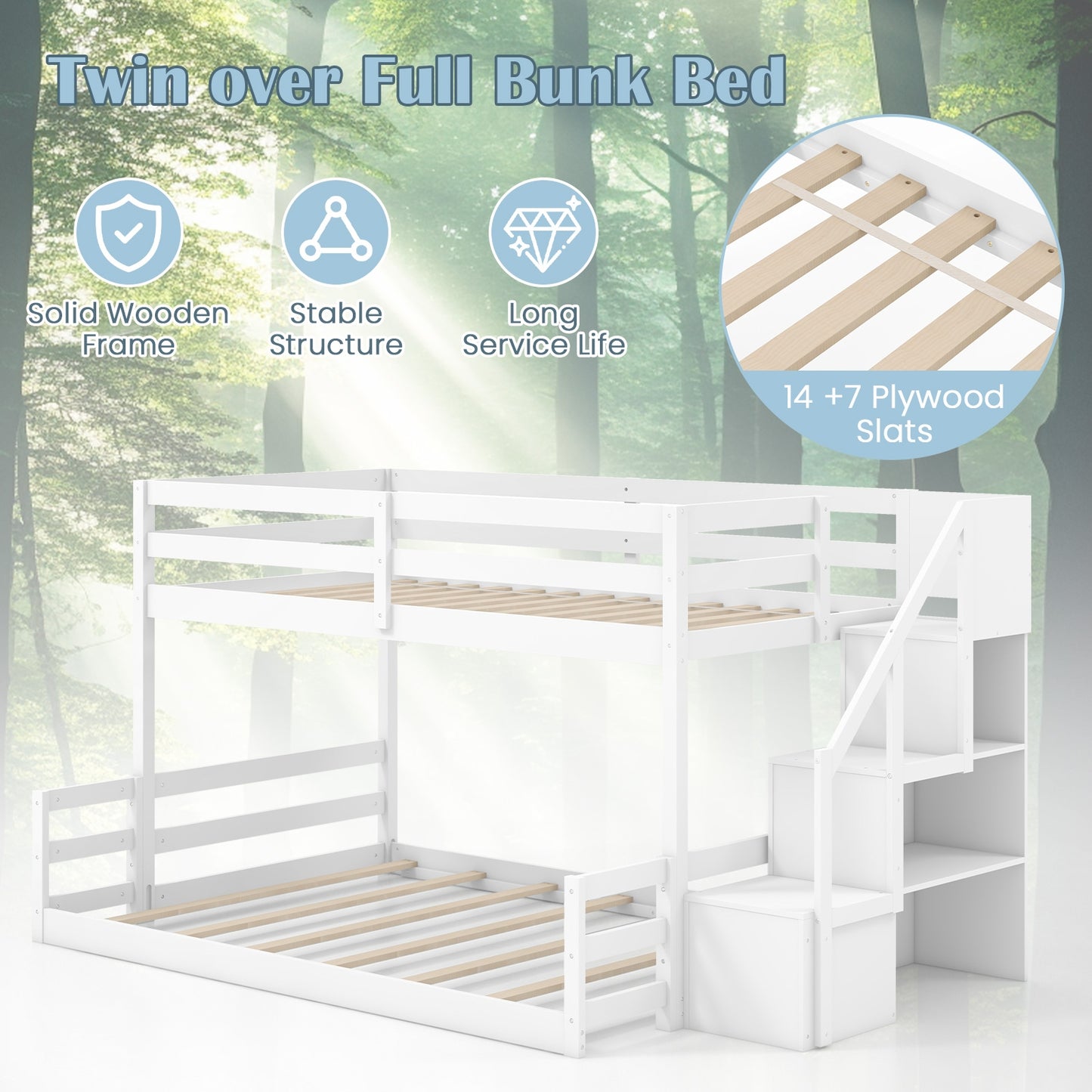 Solid Wood Twin Over Full Bunk Bed with Storage Stairs and Safety Guardrails